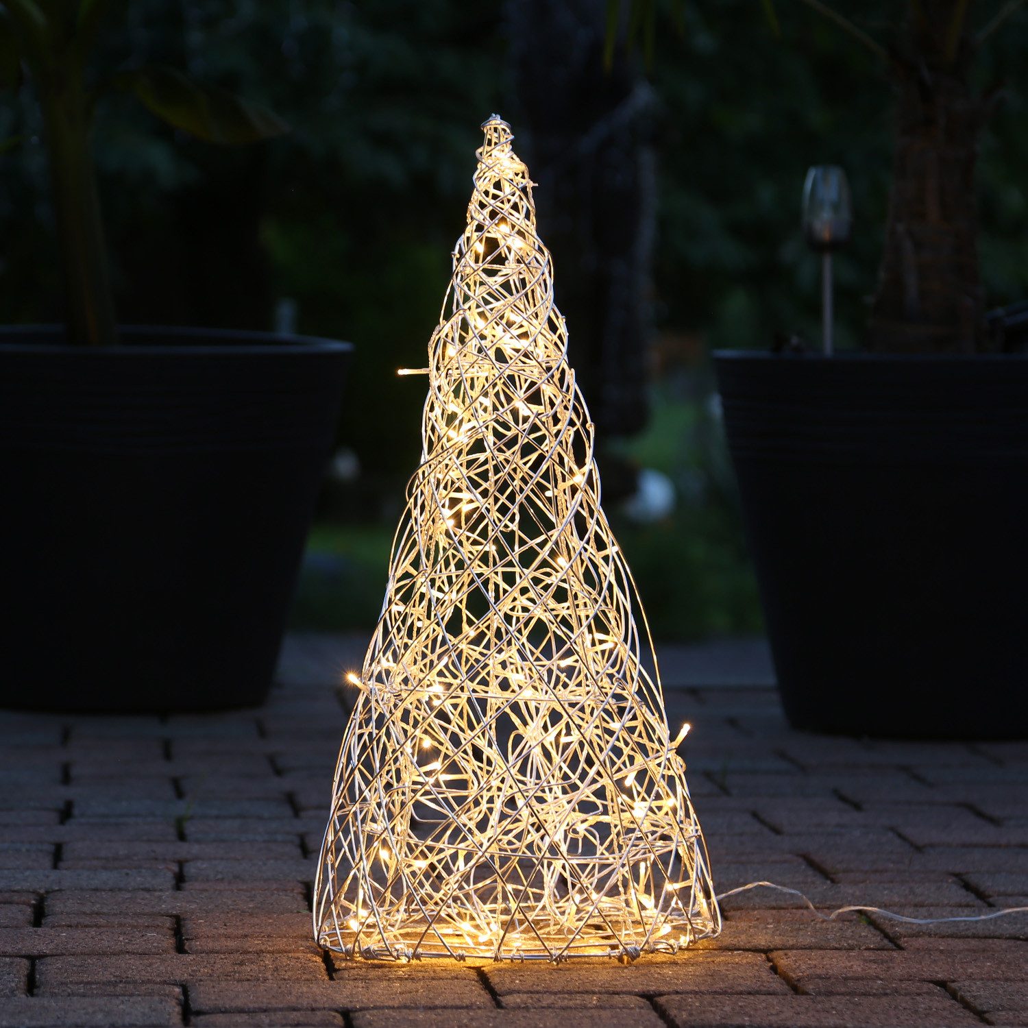 MARELIDA LED Dekoobjekt LED 3D Kegel Garten Terasse Leuchte Drahtleuchte 100LED Außen silber, LED Classic, warmweiß (2100K bis 3000K)