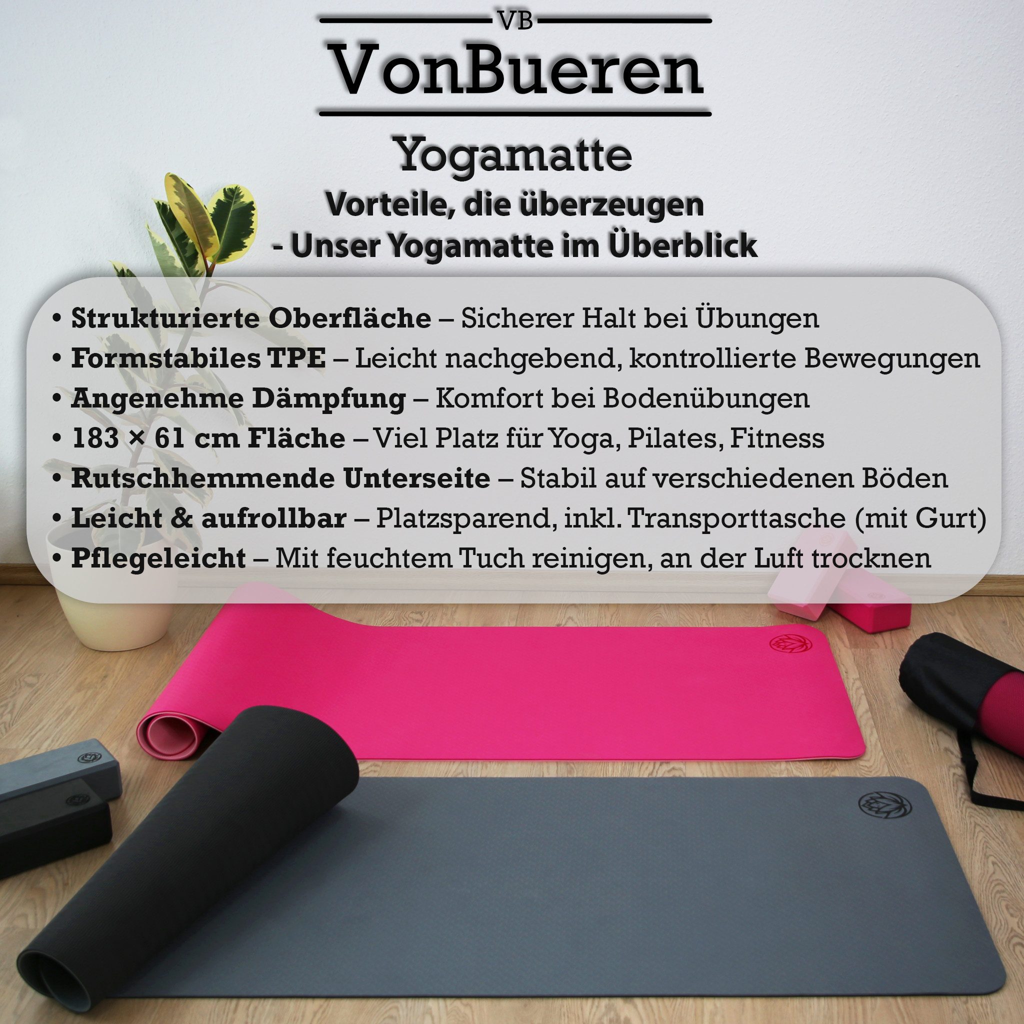 VonBueren Yogamatte rutschhemmend ca. 183x61cm Yoga Matte Pilates-Gymnastikmatte, rutschhemmende Oberfläche, inklusive Transporttasche