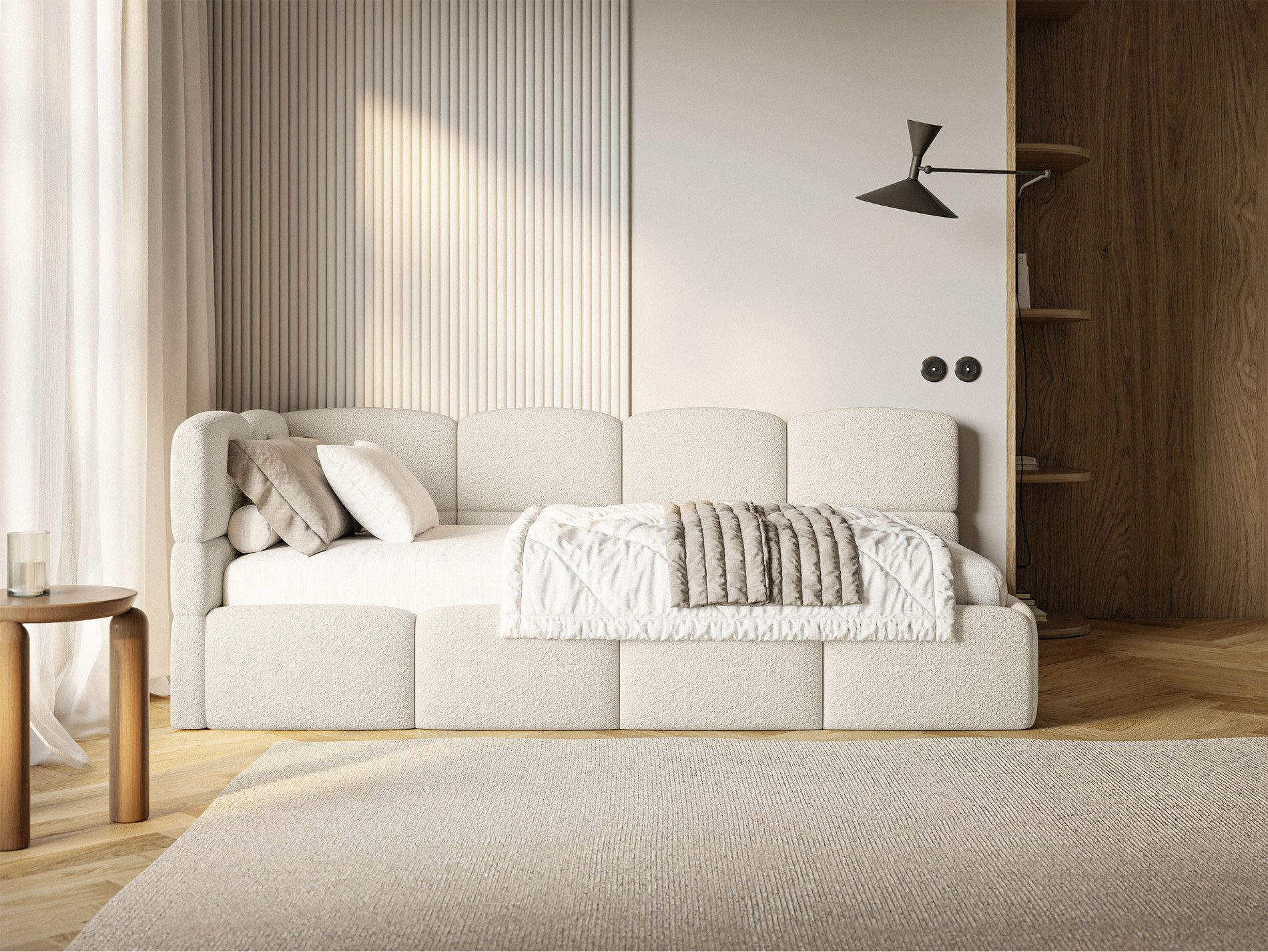 Selsey Jugendbett CLOUDY, mit Lattenrost, Bettkasten und Eck-Kopfteil, Bouclé, 120x200 cm