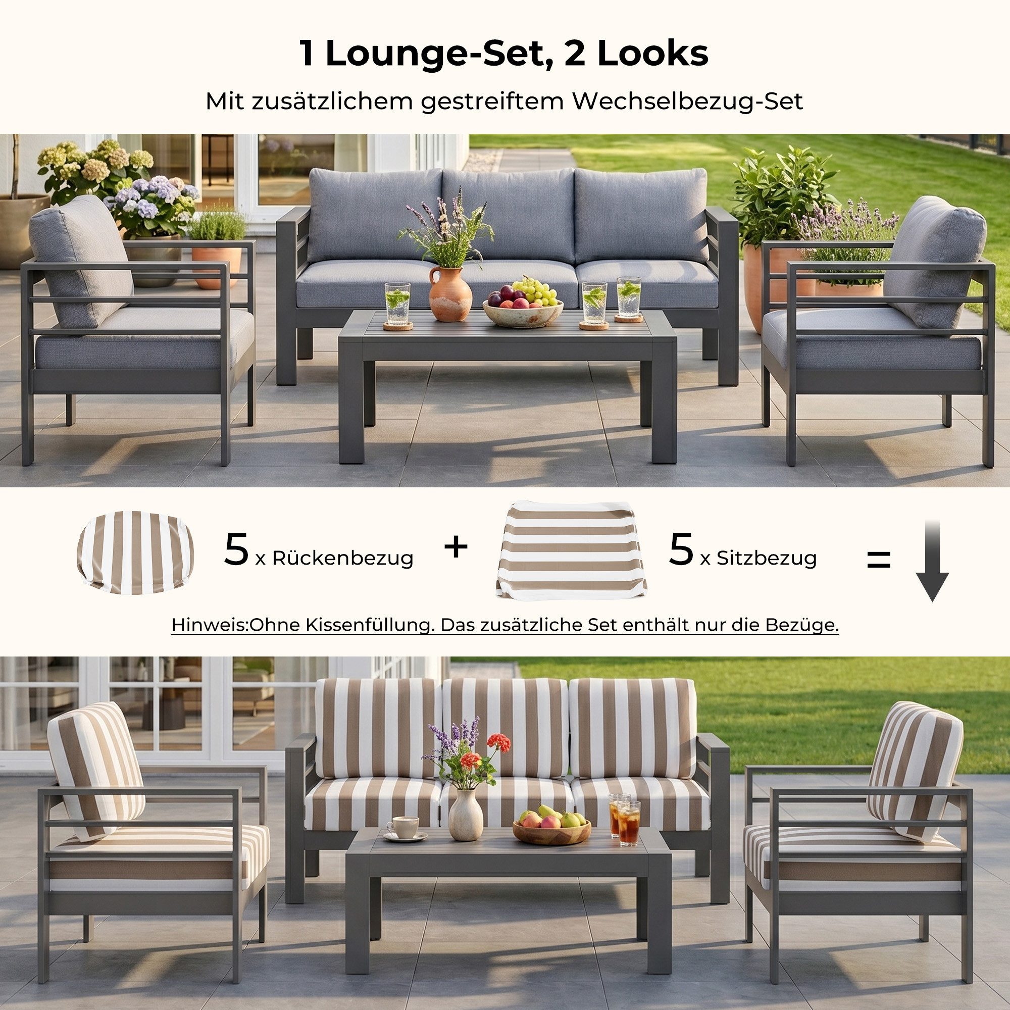 MeXo Gartenlounge-Set Gartenmöbel Set 4-5 Personen Aluminium Wetterfest, (12cm Deluxe Relax-Sitzkissen mit gestreiftem Wechselbezug, 4-tlg., Belastbarkeit pro Sitzplatz 140kg), Lounge Gartenmöbelset mit Tisch, Luxus Relax