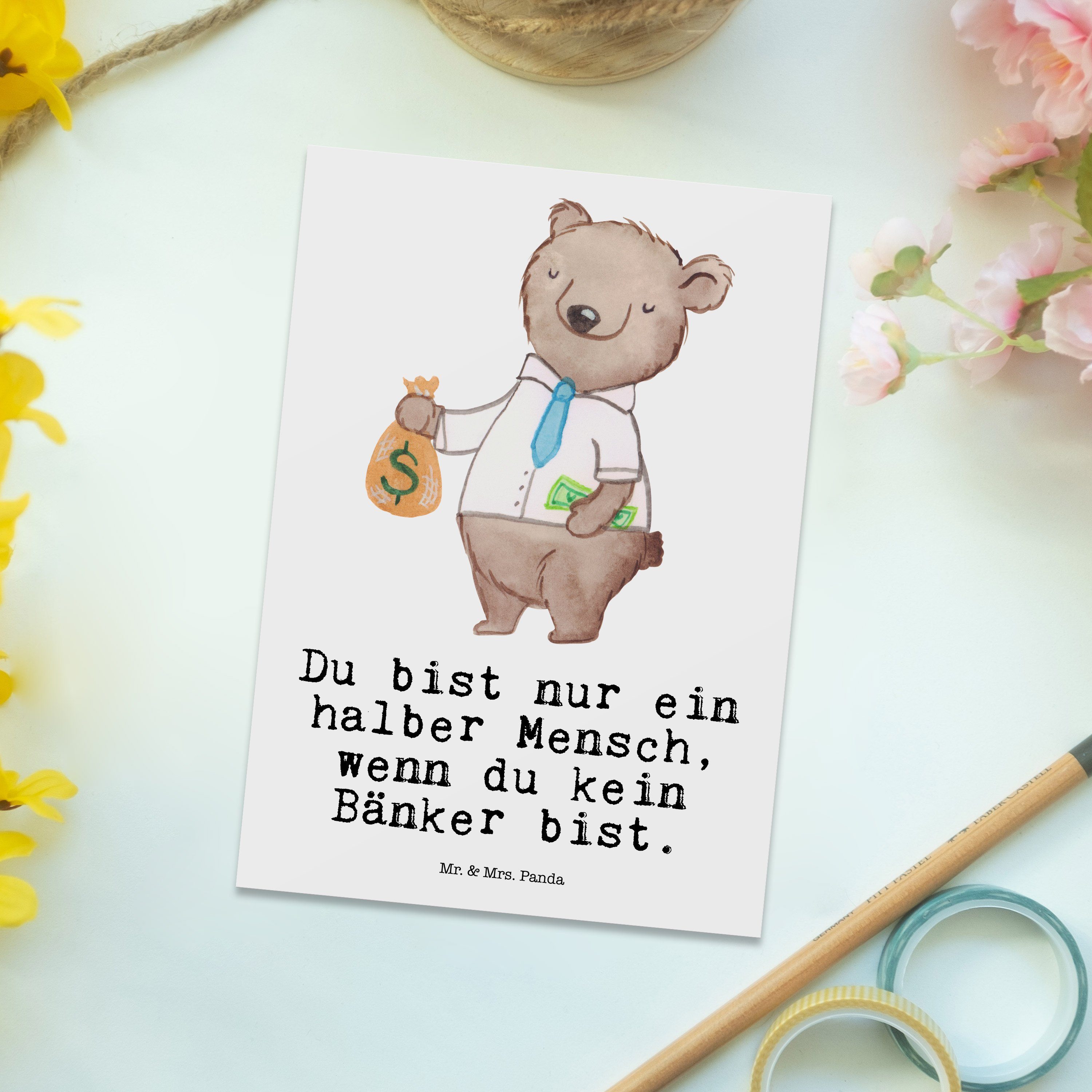 mit Weiß Herz Geschenk, Postkarte Mr. Panda - Bankfachmann, Danke - Geschenkkarte, Mrs. Bänker &