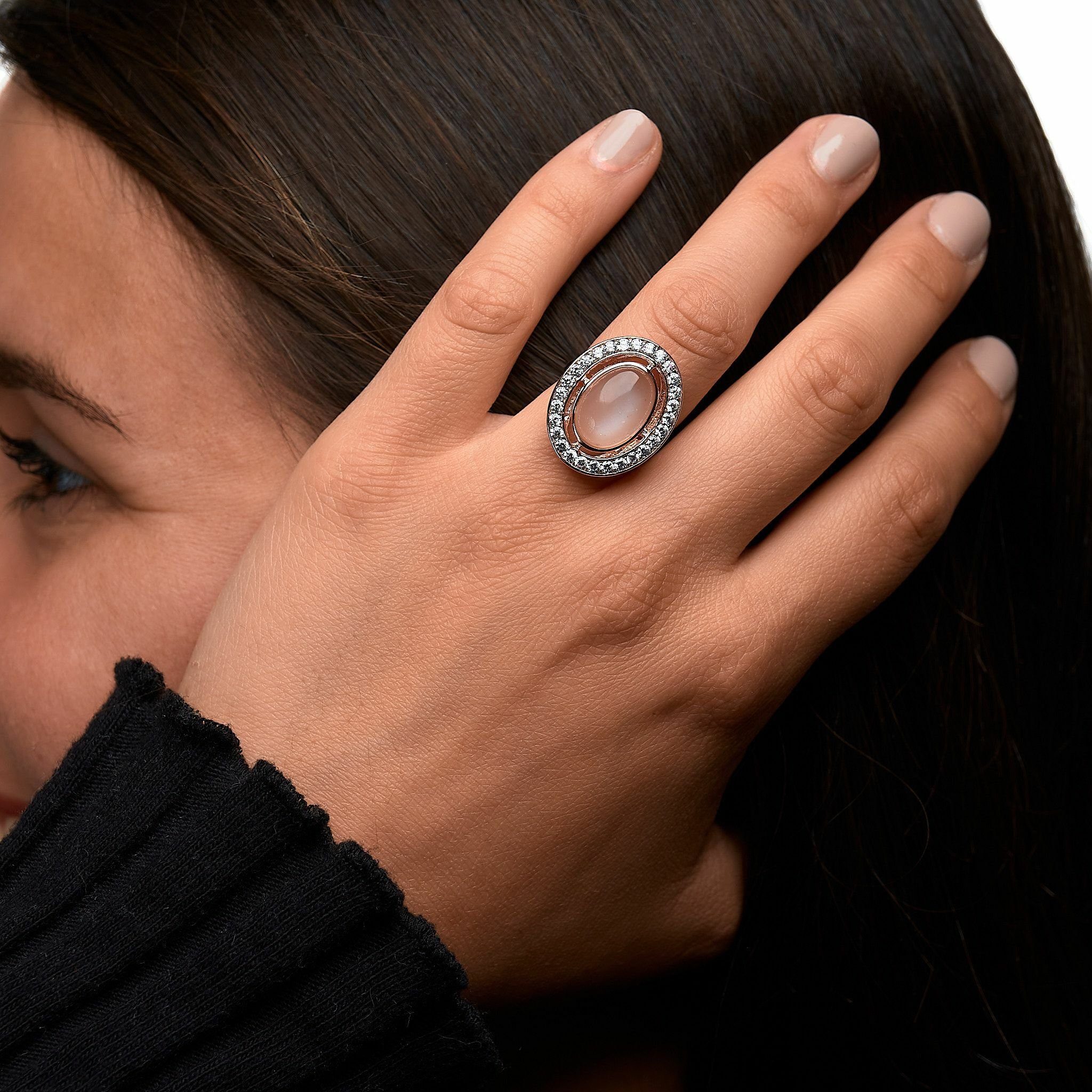 Zeeme Fingerring Silber 925 rosé vergoldet mit echtem Mondstein Zirkonia – Bild 3 von 5