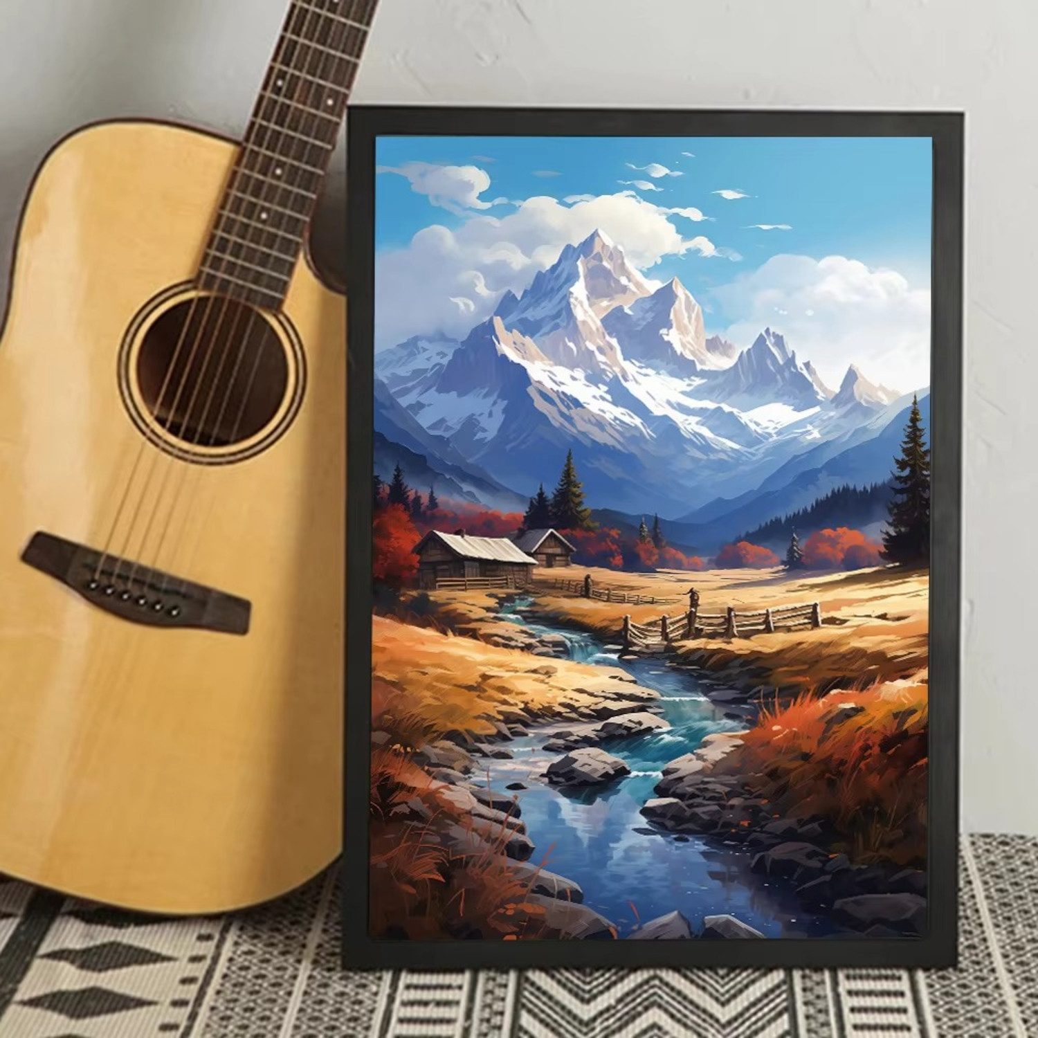 TPFLiving Kunstdruck OHNE RAHMEN, See, Fluss und Stadtlandschaft – Aquarell Naturgemälde - (Leinwandbild XXL), Farben: Farben: Grün, Blau, WeißGröße: 15x20cm