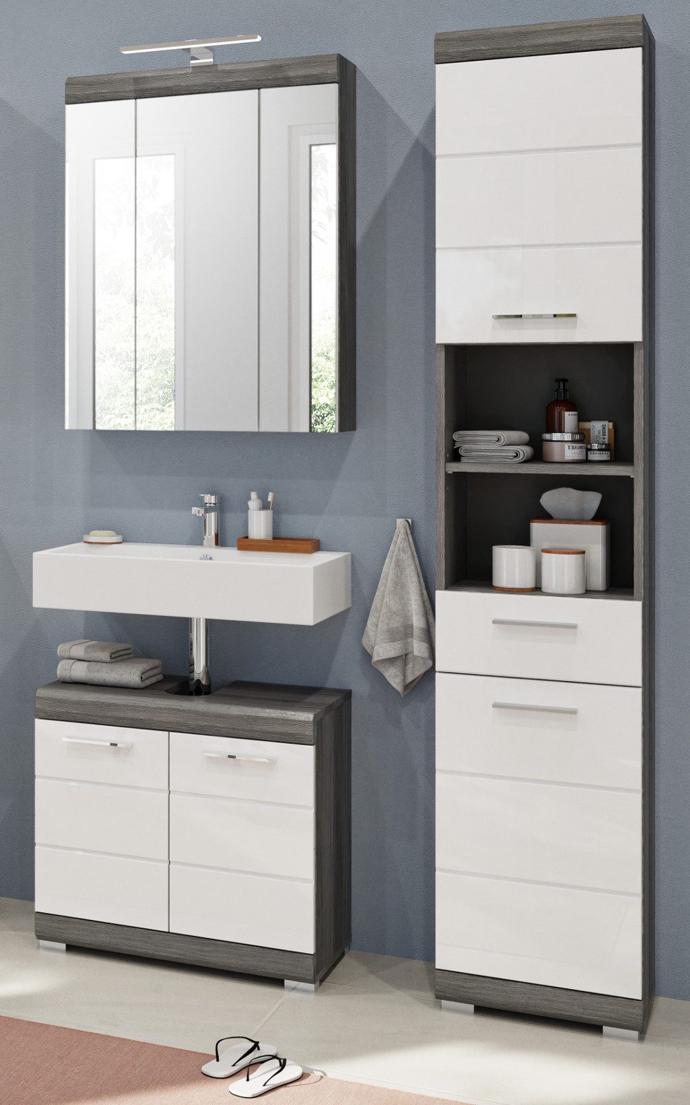 Inn.Furn Badmöbel-Set Shawn, (Badezimmer in weiß Hochglanz und Rauchsilber grau, 3-St., 112 x 191 cm), 16 Fächer, Stellvarianten möglich