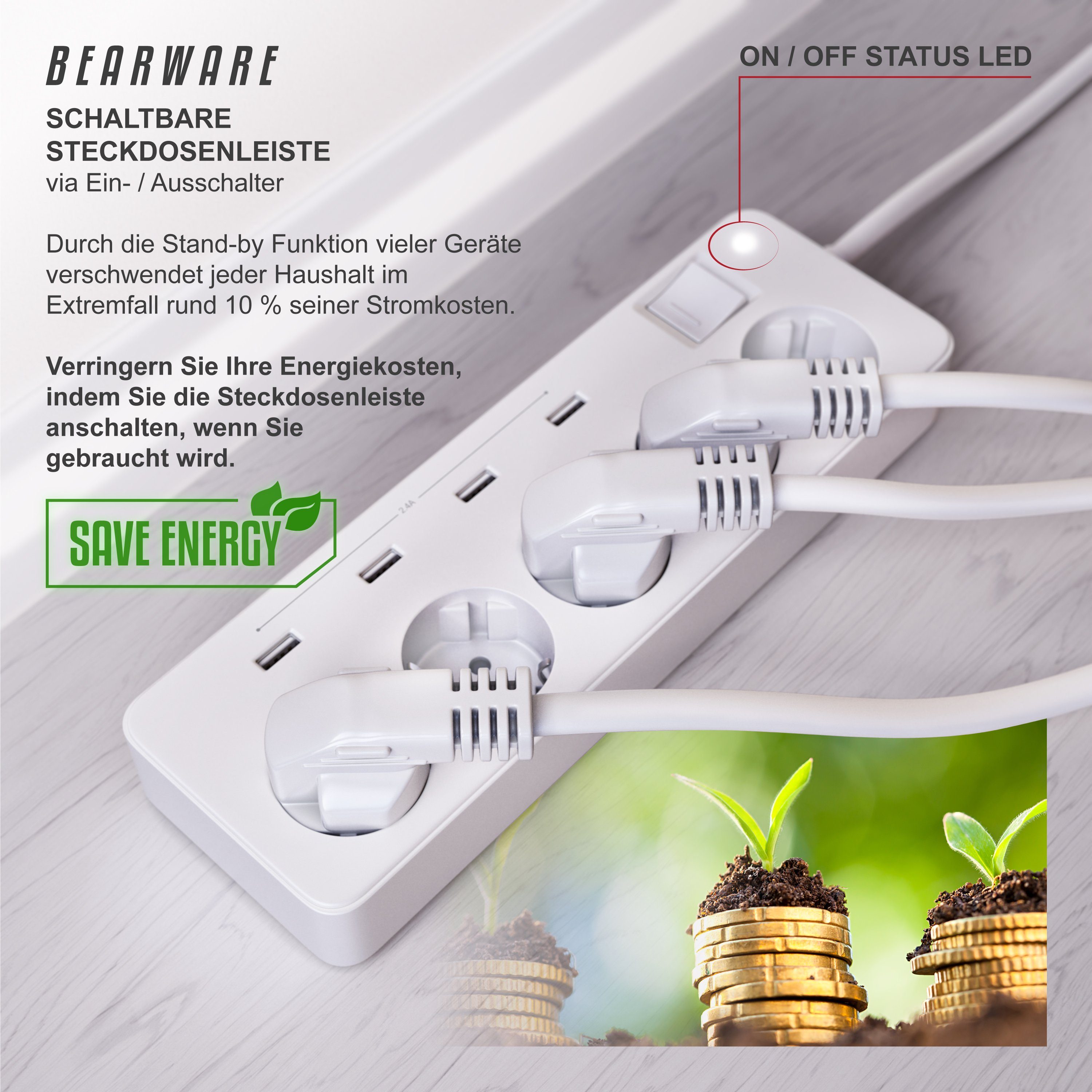 BEARWARE 5-Fach Steckdosenleiste mit 4 x USB Ladeports, 1,5m Kabel weiß Steckdosenleiste 5-fach (Ein- / Ausschalter, USB-Anschluss, Schutzkontaktstecker, Kinder – Bild 5 von 5