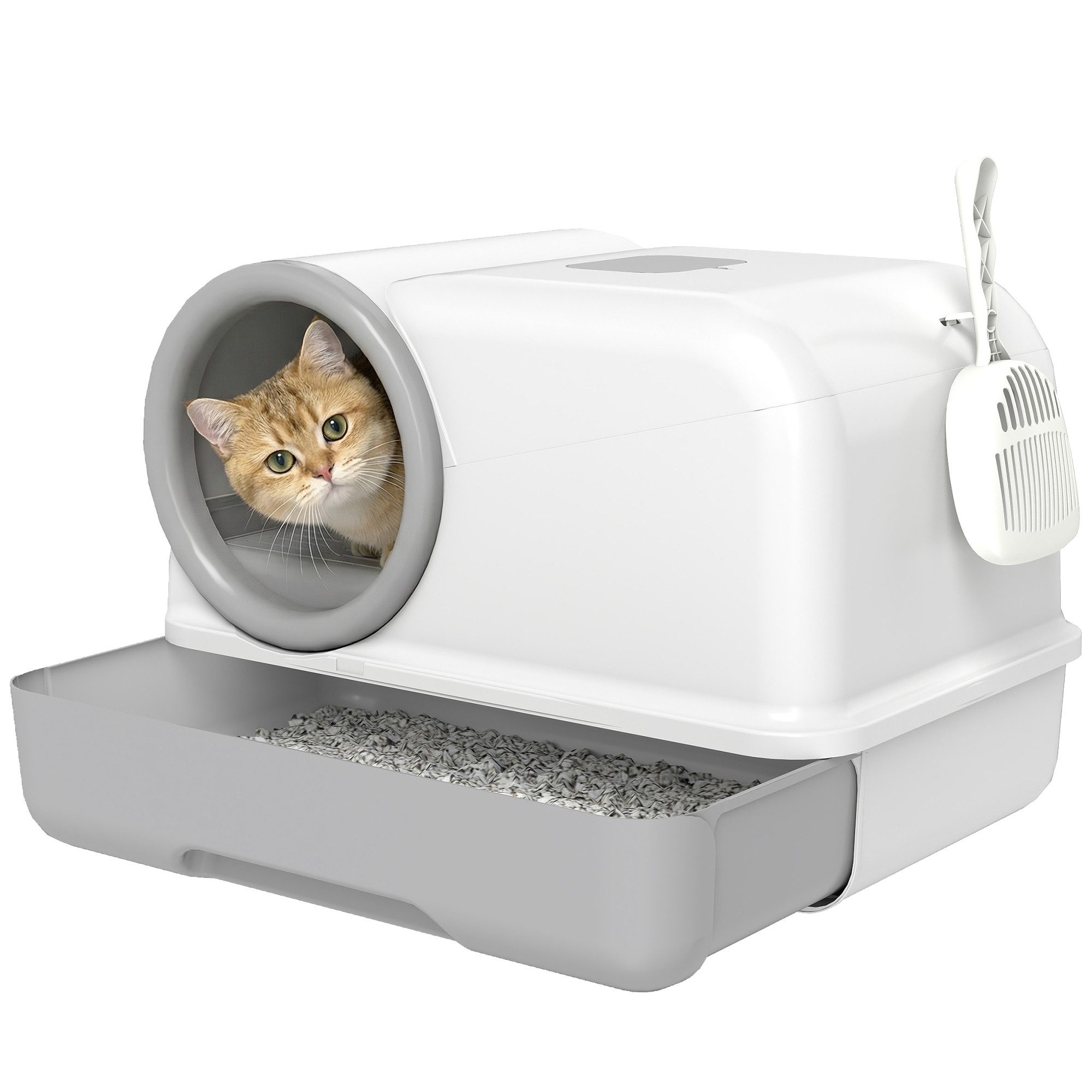 PawHut Katzentoilette Katzenklo mit Deckel Schaufel ausziehbares Tablett 2 Aktivkohlefilter, für Katzen bis 5 kg 59 x 39,5 x 39,5 cm Weiß+Grau