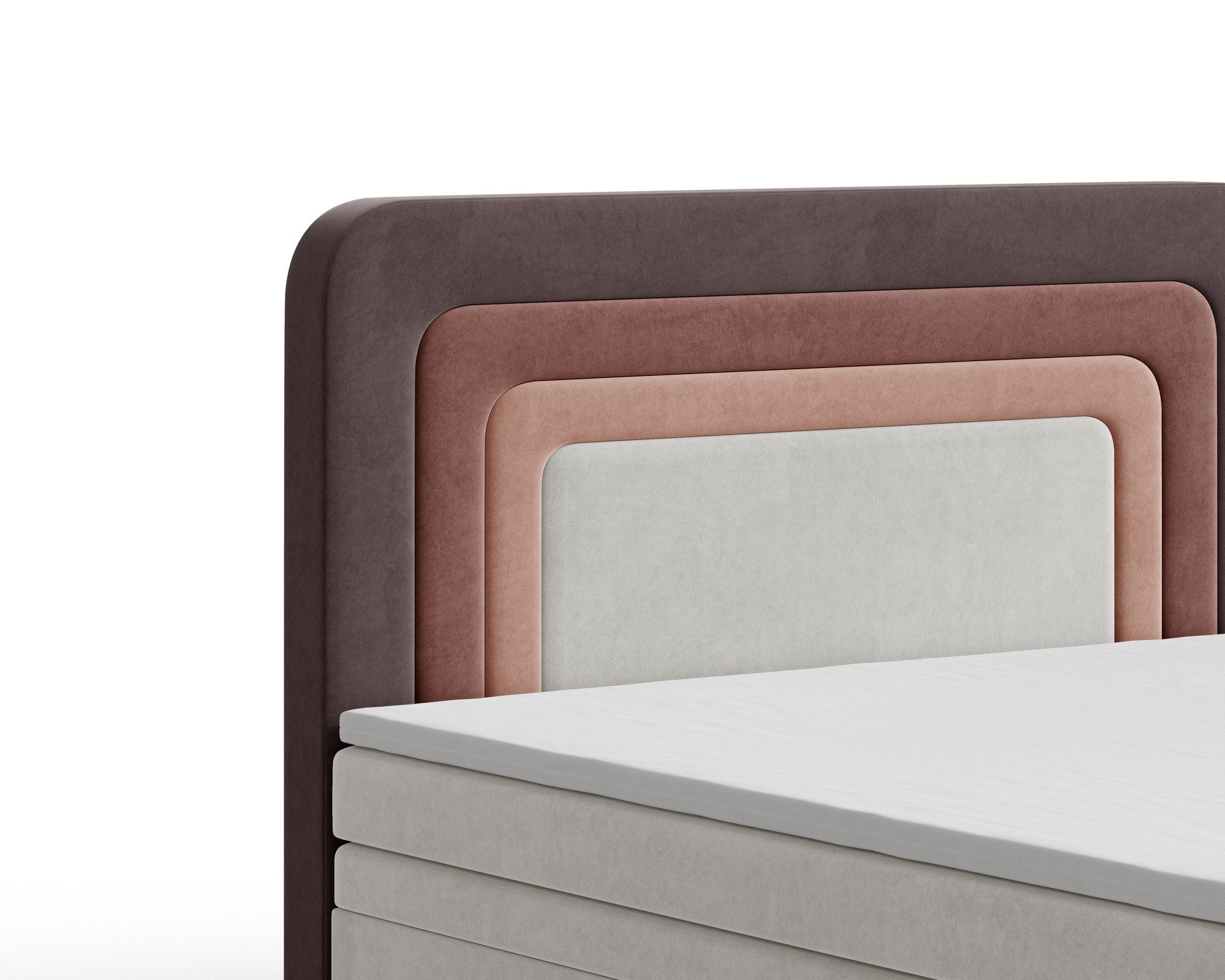 MOEBLO Boxbett NEST (Erdtöne Bett in neutralen Farben, regenbogenförmige abgerundete Kopfstütze, mit Bettkasten, Samt, Velour, Bonell + Topper, Doppelbett Taupe – Bild 5 von 5
