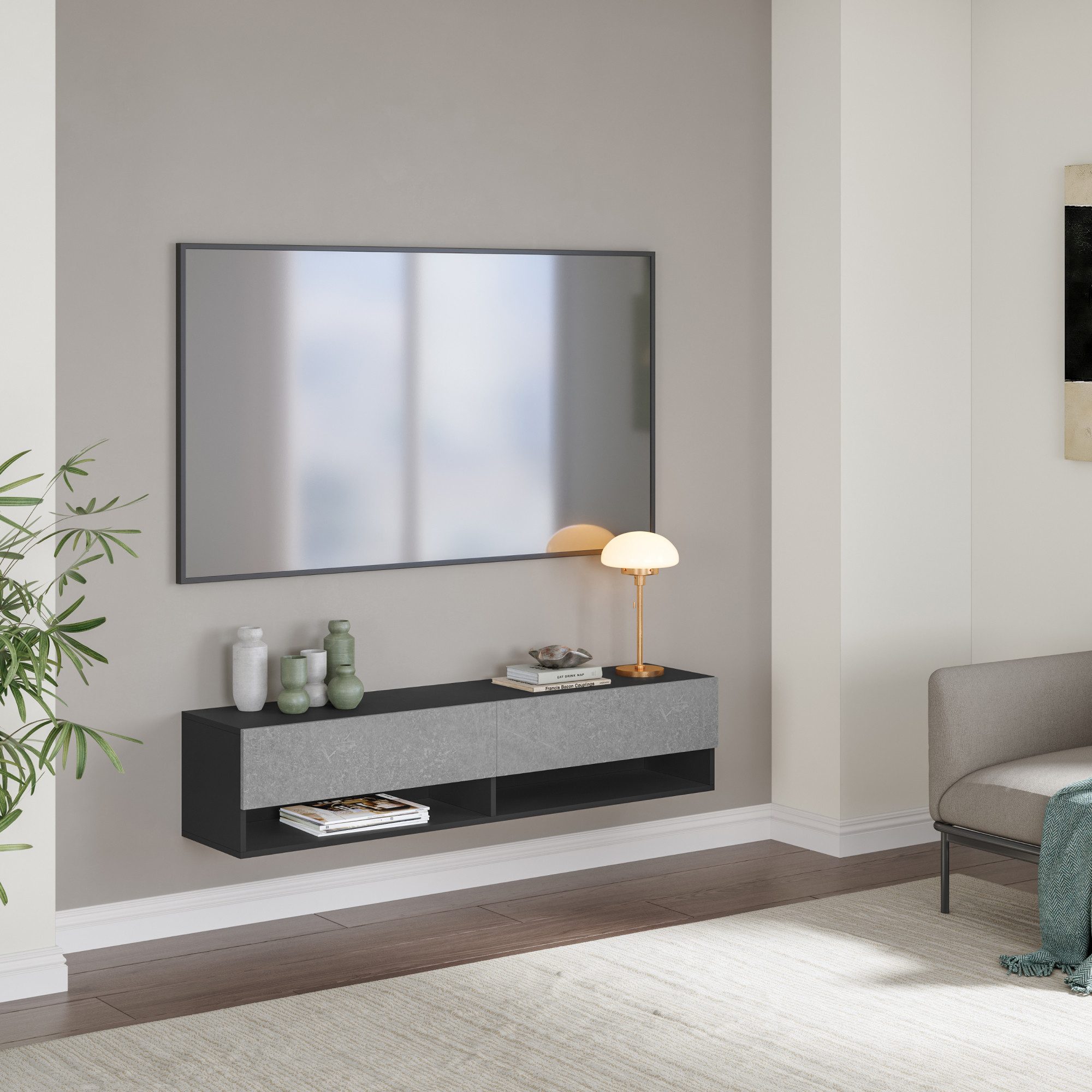 en.casa TV-Board, »Halmstad« hängend 2 Klappen 140 x 31 x 30 cm Schwarz/Betonoptik