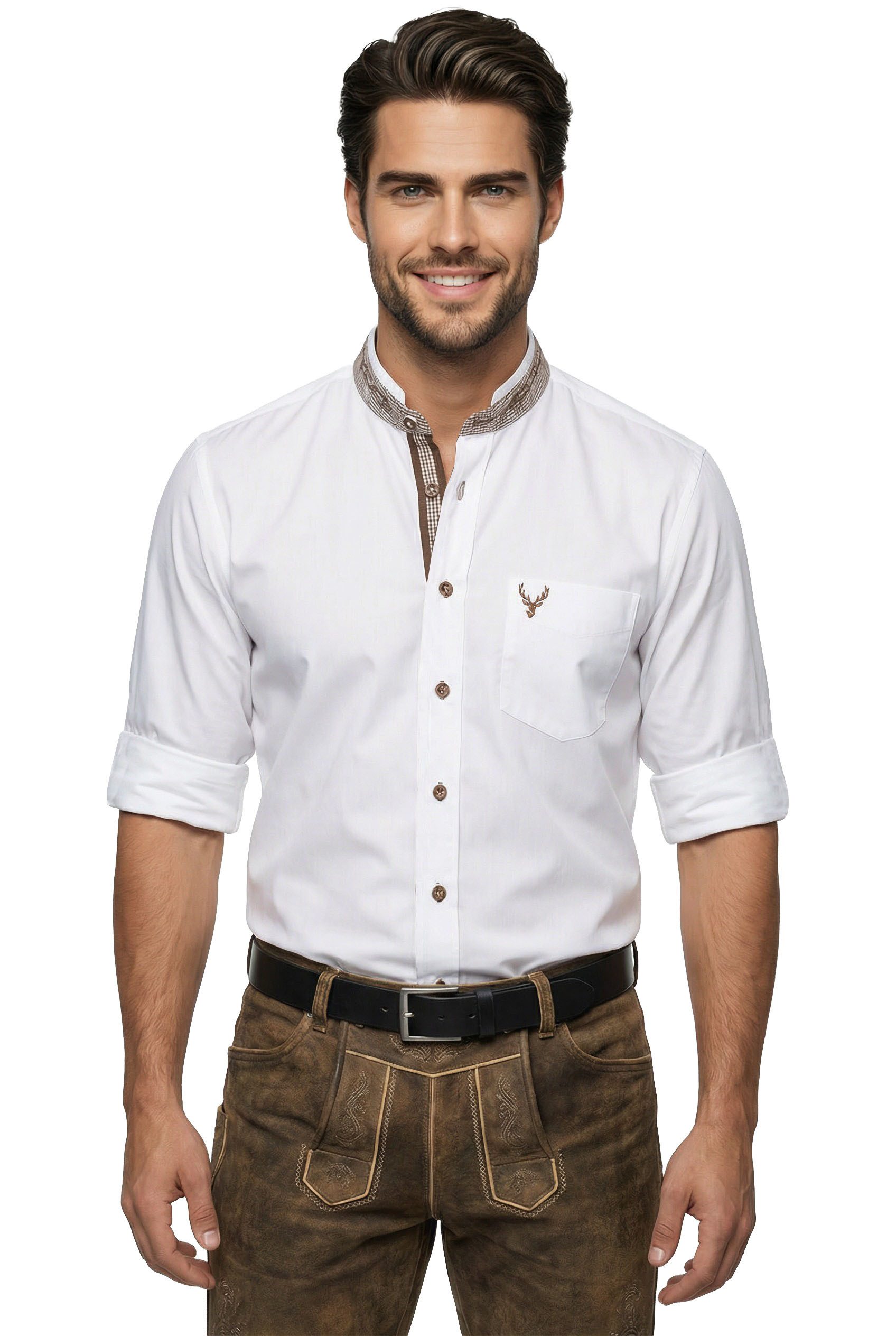 Moschen-Bayern Trachtenhemd Trachtenhemd Herren SLIM FIT Stehkragen Hirsch Langarm Weiß-Braun