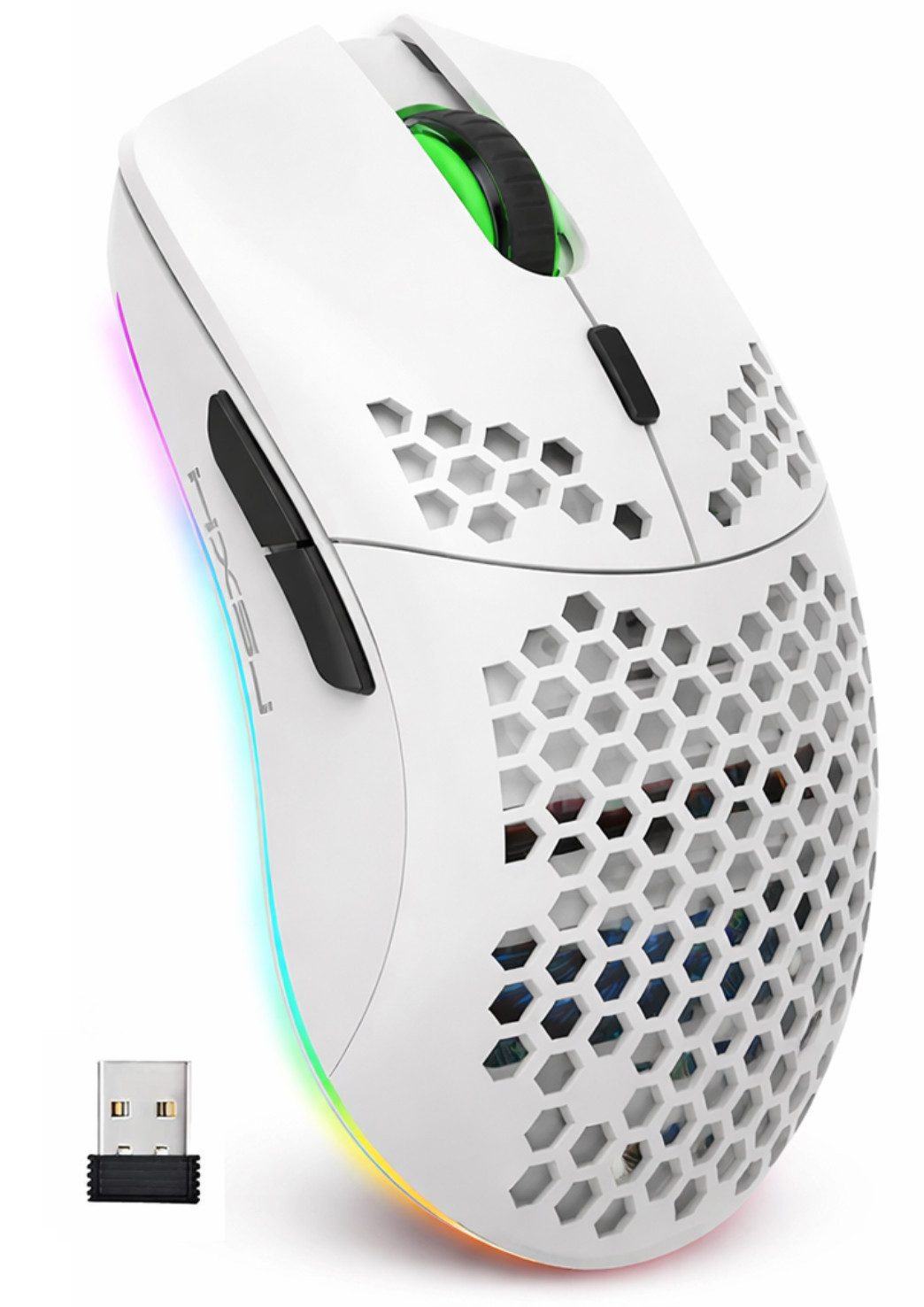 RUHE RGB Gaming Maus Kabellos Wireless Laut Maus Beleuchtung Plug & Play Gaming-Maus (Funk, 2.5G, USB-Dongel, Kabelgebunden Aufladbar, Drahtlos, Optische Maus, 3600 dpi, 10M Einstellbar DPI Schwarz Weiß 6 Tasten für Laptop/PC/Mac/Computer)