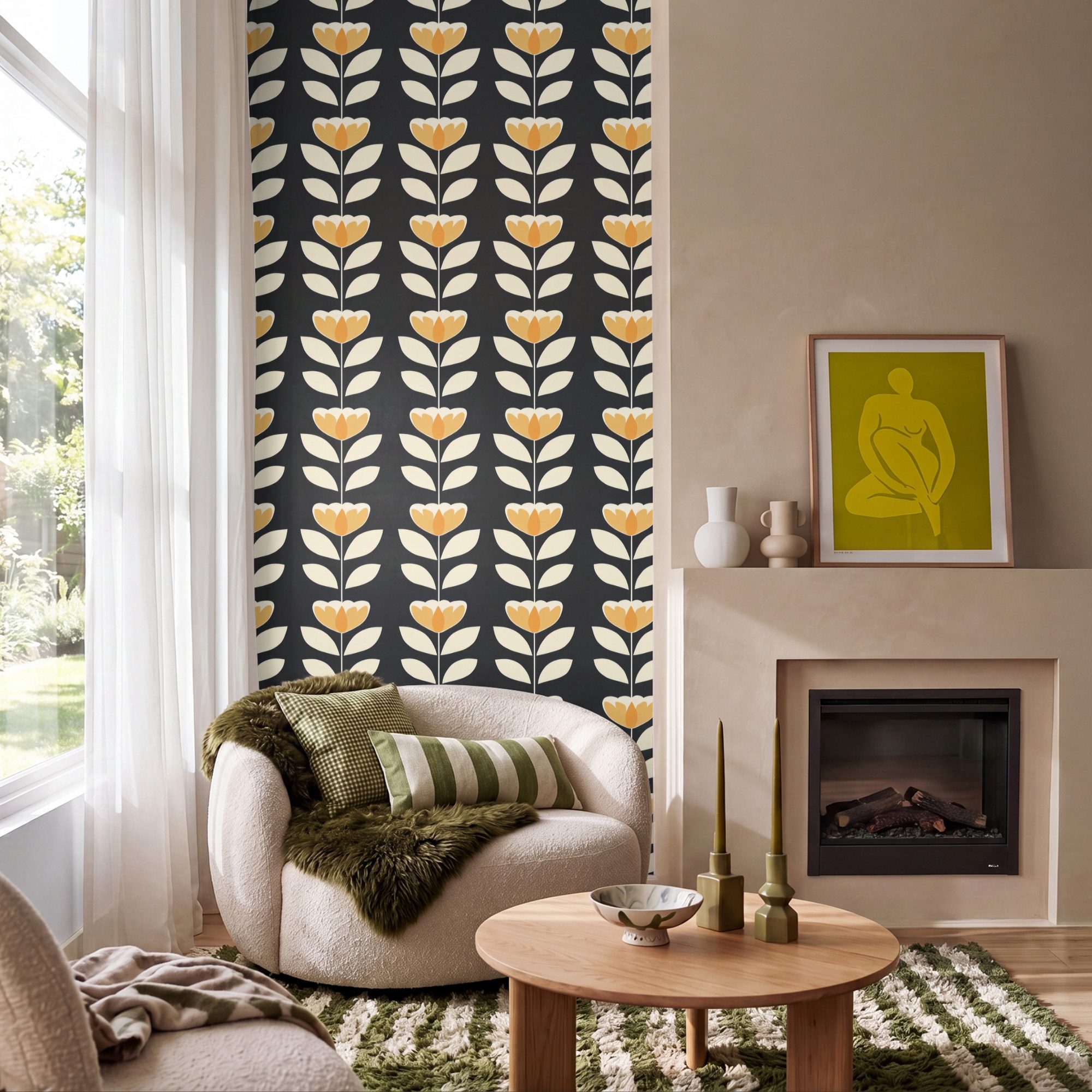 OnlyWow Fototapete Retro - Blume - Schwarz - Ockergelb, Matt, bedruckt, Wandtapete, Schlafzimmer, Wanddekoration 100x220cm