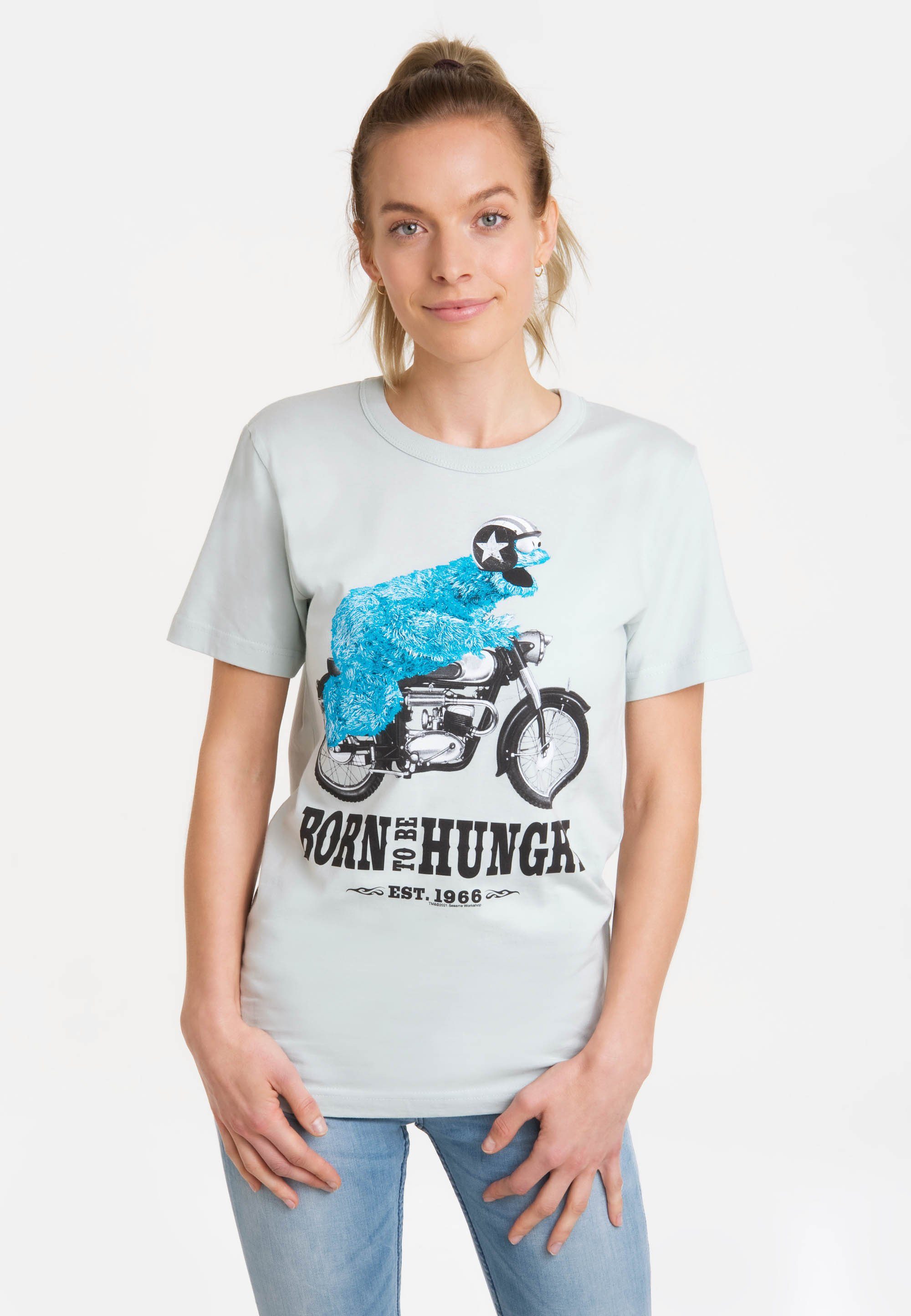 T-Shirt Print, mit auf als Front der - Krümelmonster-Motiv LOGOSHIRT Motorrad Krümelmonster Witziges Highlight Sesamstrasse lizenziertem