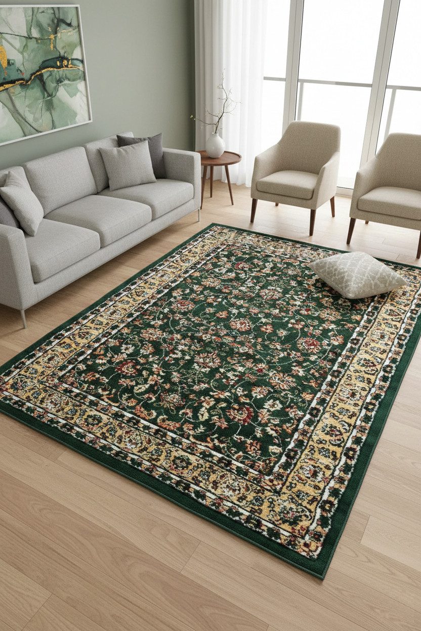 Vimoda Orientteppich Klassischer Teppich Kurzflor in Grün, Beige, Rot & Grau, Rechteckig, Höhe: 6 mm, Kunstvollem Klassik Muster Blumen GRÜN, Braun & Schwarz