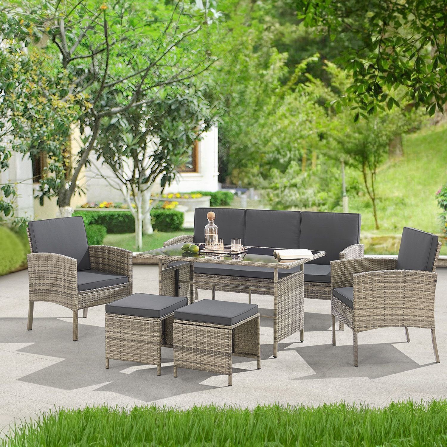 Juskys Gartenlounge-Set Turin, (6-tlg), Polyrattan Sitzgruppe für 7 Personen, Gartenmöbel Set 6-teilig
