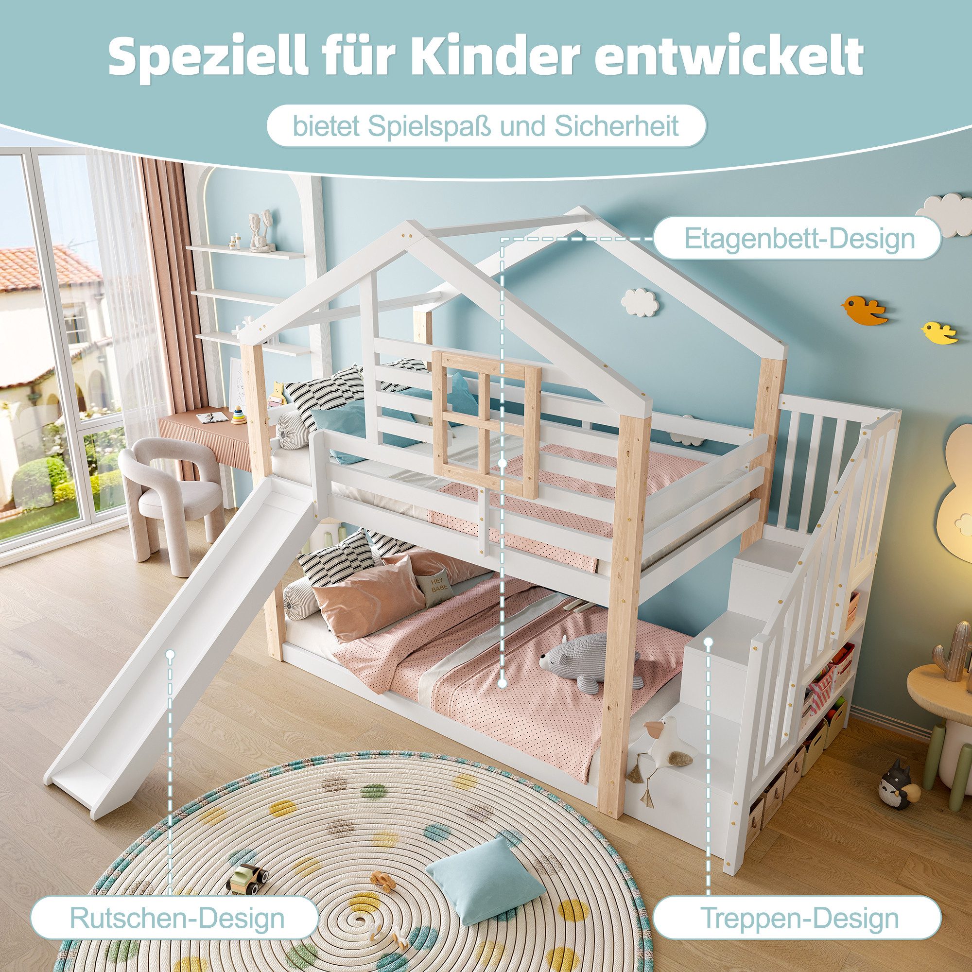 Odikalo Etagenbett Kinderbett 90x200cm mit Rutsche (Kinder - Etagenbett mit Rutsche und Treppe im skandinavisches Stil, Massivholzkonstruktion, stabil & sicher, mit Geländer & Stauraum, platzsparend, ideal für Geschwister, EN 747-1:2024 zertifiziert)