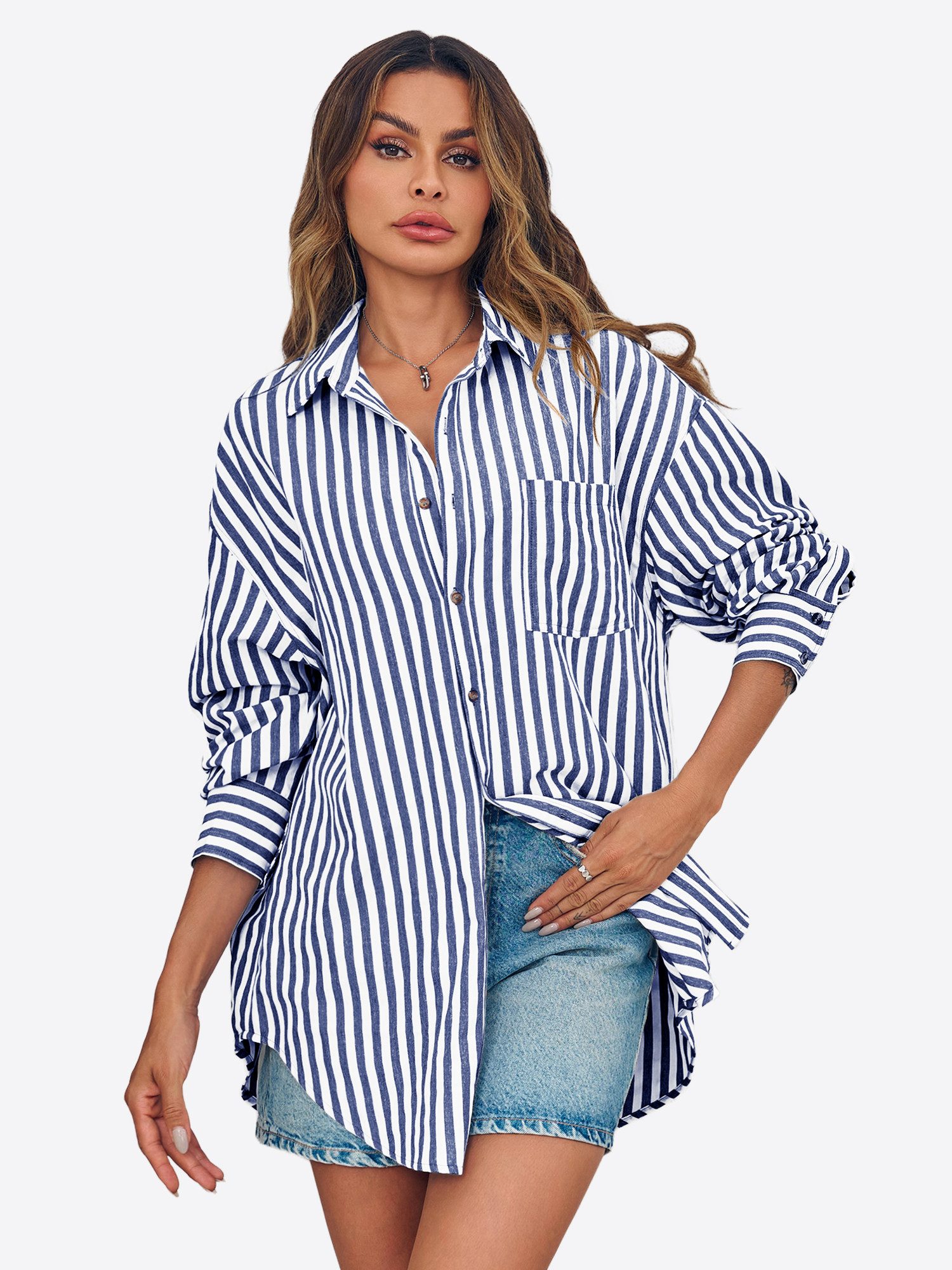 Imily Bela Blusenshirt Damen Übergroße gestreifte Button-Down-Hemden (Packung, 1-tlg., 1per-Pack) Streifen