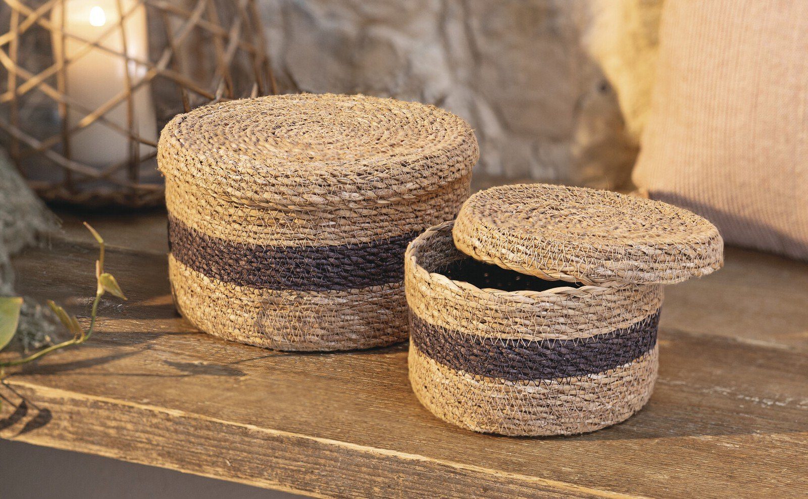 Dekoleidenschaft Aufbewahrungskorb "Karima" aus Seegras, natur / braun, mit Deckel, Aufbewahrungsbox (2 St., im Set), handgefertigt, Ordnungsbox, Badkorb, Aufbewahrungskörbchen, Korbset