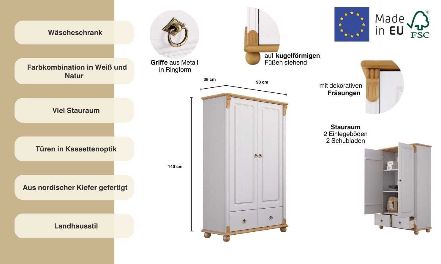 OTTO home Wäscheschrank Tessin (2 Breiten: 90/128 cm H/T ca. 140/38 cm) aus massiver Kiefer, in 2 Breiten, viel Stauraum, FSC zertifiziert