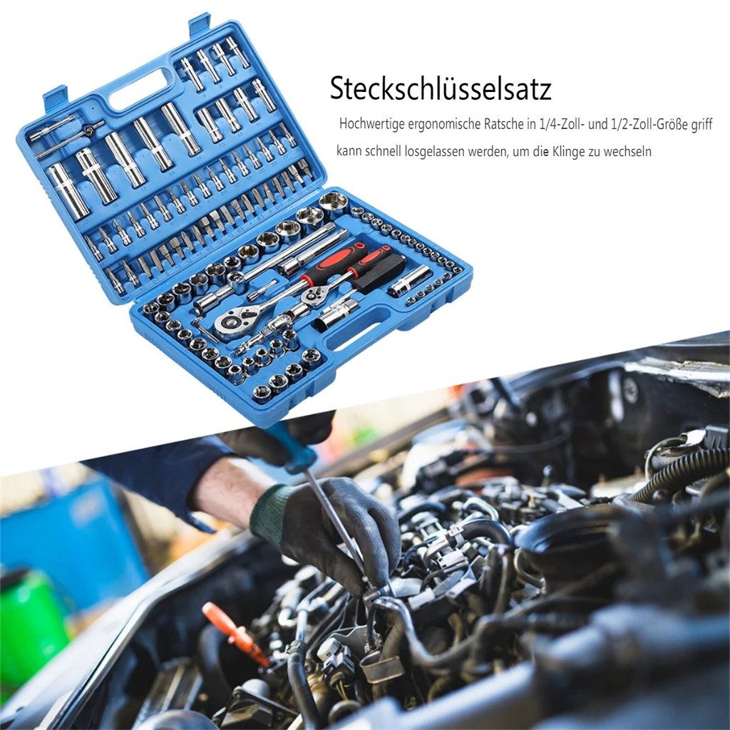 MECO Werkzeugset 108-tlg. Ratschen-Schlüsselset 1/4", 1/2" Steckschlüssel Satz, (CR40 Stahl mit Stecknüssen, Verlängerung, Bits), Handwerkzeugset mit Werkzeugkoffer