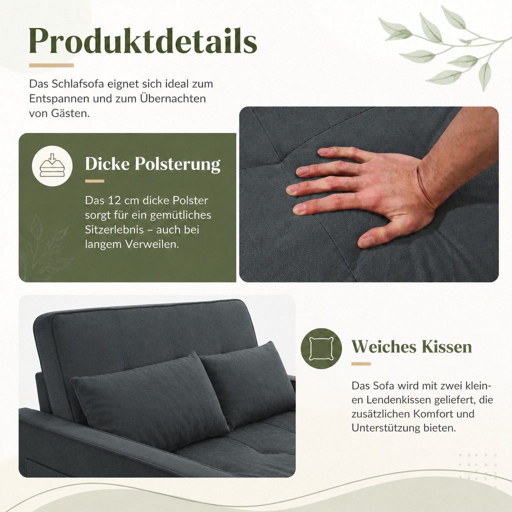 AMERLIFE Schlafsofa mit 5-stufiger Verstellung, 3-in-1, Dunkelgrau, 1 Teile, Verstellbare Kopfstütze – Bild 4 von 5