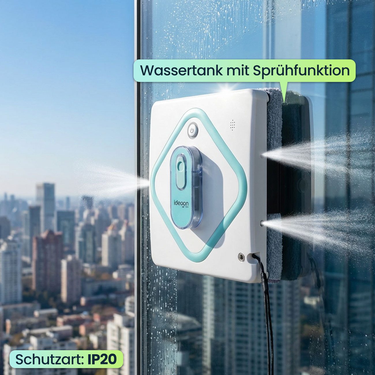 shop'n smile ideoon Fensterputzroboter 3000Pa Glasreinigungsroboter mit App-Steuerung, Fernbedienung, 5 Reinigungsrouten, Notstrom-System, Düsen-Sprühfunktion