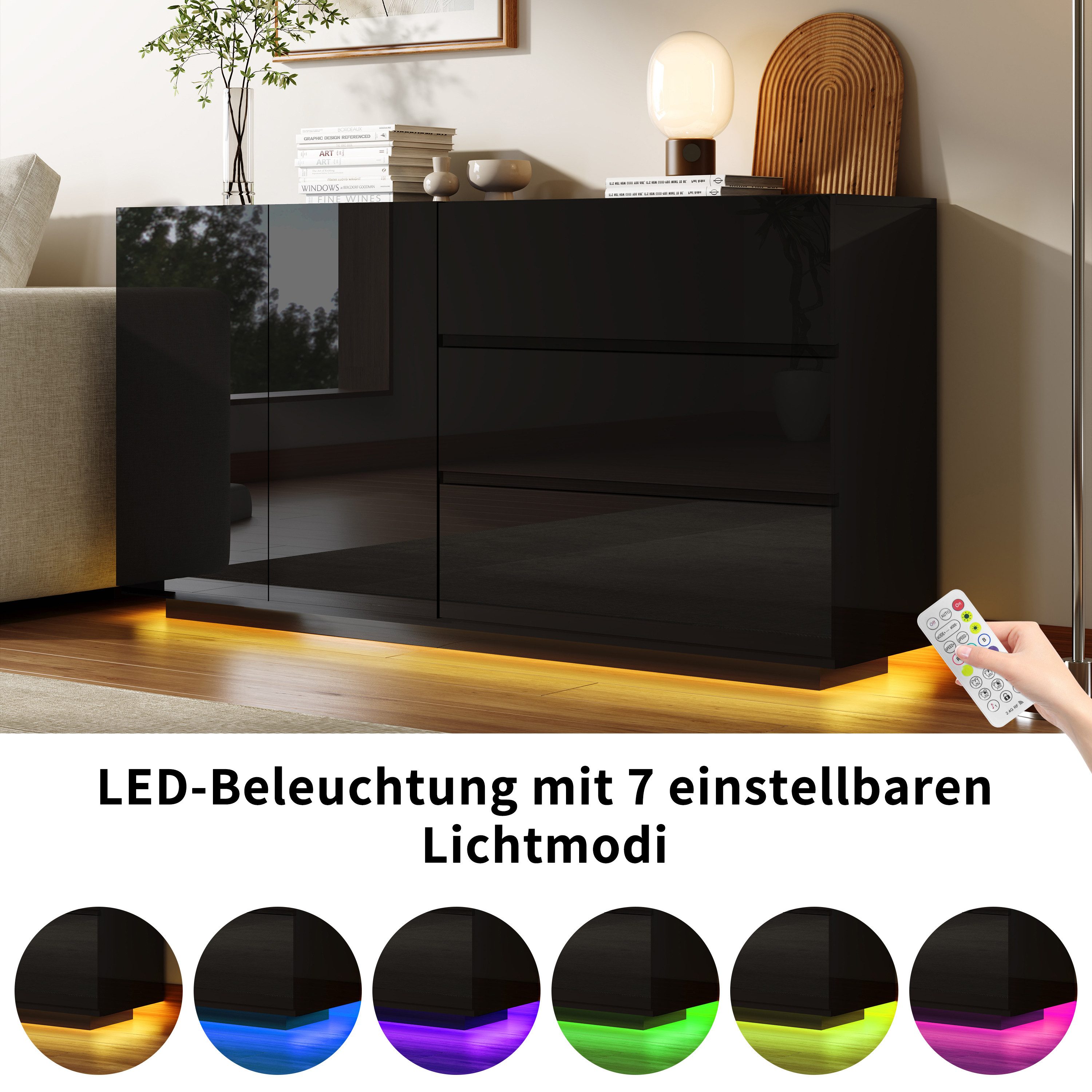 Furnishings Home Sideboard Mehrzweckschrank LED Hochglanz Buffetschrank, Breite 160 cm (1 St., Beistellschrank mit 2 Türen und 3 Schubladen), Mit LED-Beleuchtun – Bild 5 von 5