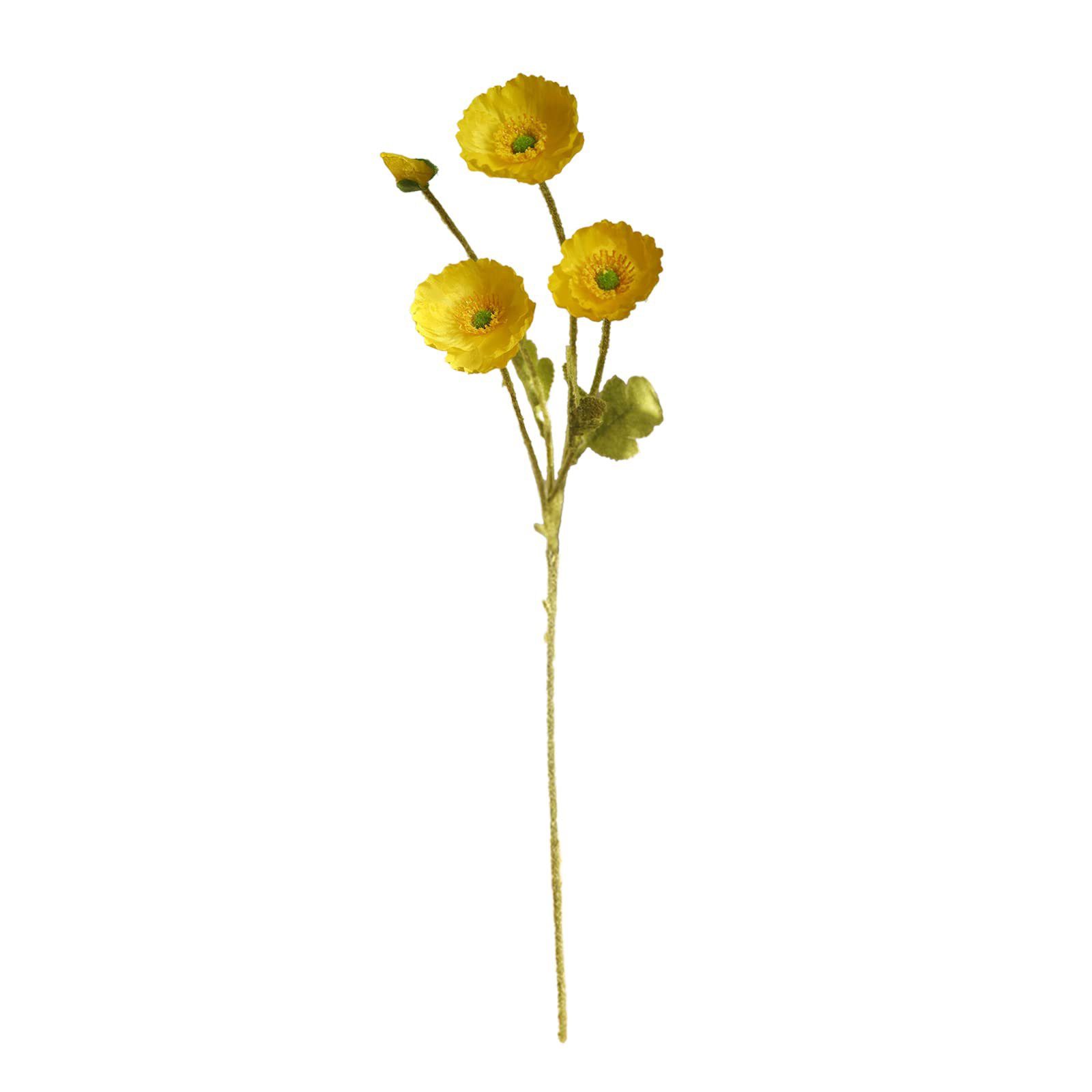 Kunstzweig Künstlicher Mohnblumen-Zweigmit 4 Blütenköpfen Beflockung Kunststoff, SEEZSSA, künstliche Pflanzen MohnSeidenblumen Für Haus Blumenschmuck,60cm lang Gelb