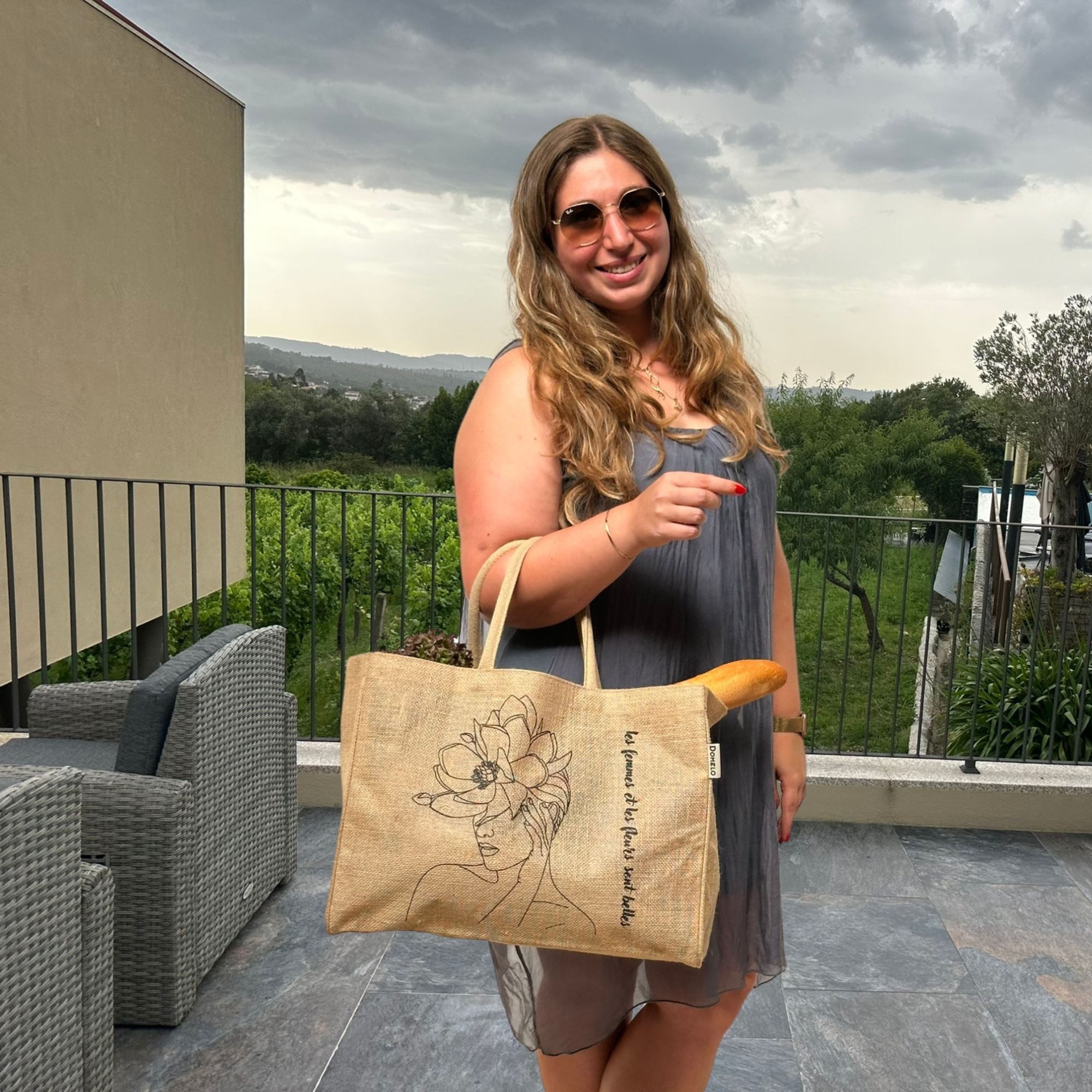 Domelo Einkaufskorb Jute, Vegan Einkaufstasche, Korbtasche, Shopping bag, Aufdruck