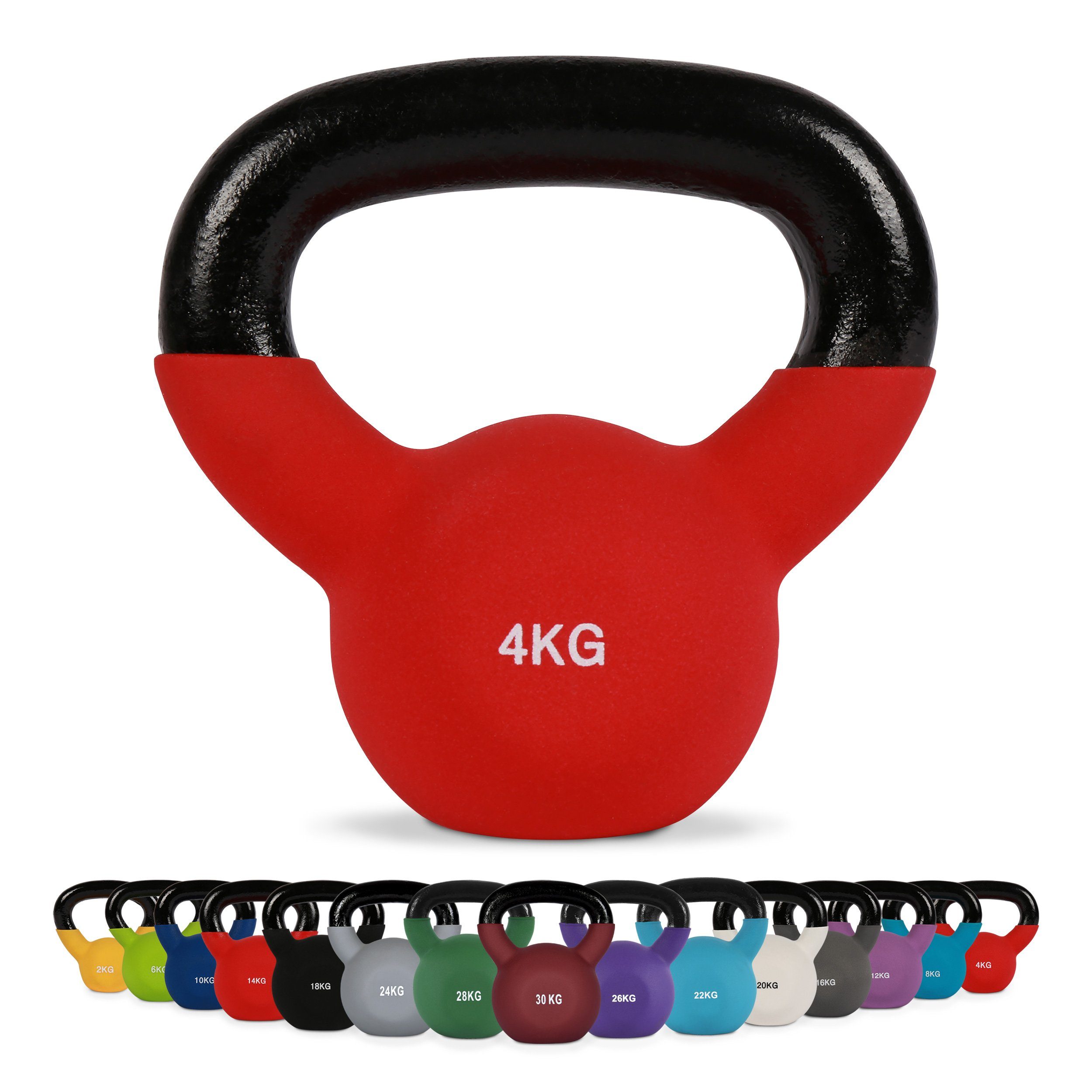 MSports® Kettlebell Kettlebell Professional Neopren 2 – 30 kg inkl. Übungsposter 4 Kg - Rot