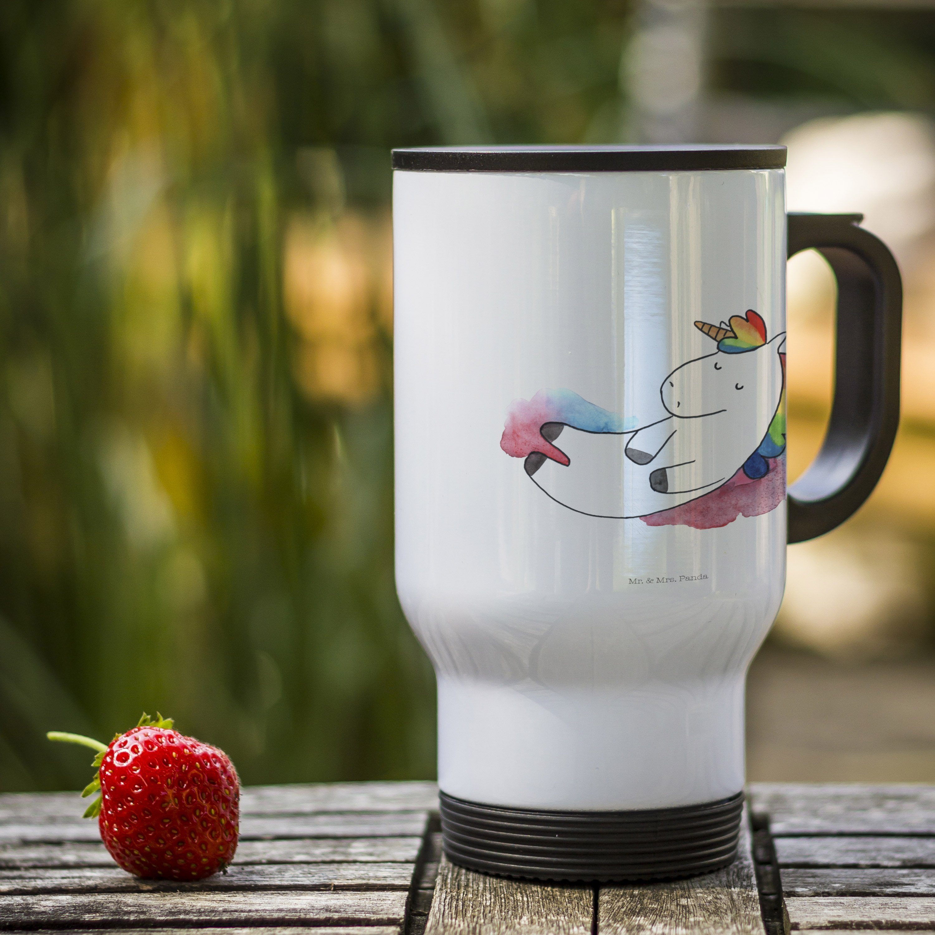 Mr. & Mrs. Panda Thermobecher Einhorn Wolke 7, Thermobecher, Weiß, kaffeebecher mit deckel, Thermob, Edelstahl, wanderbecher Edelstahlbecher Einhörner