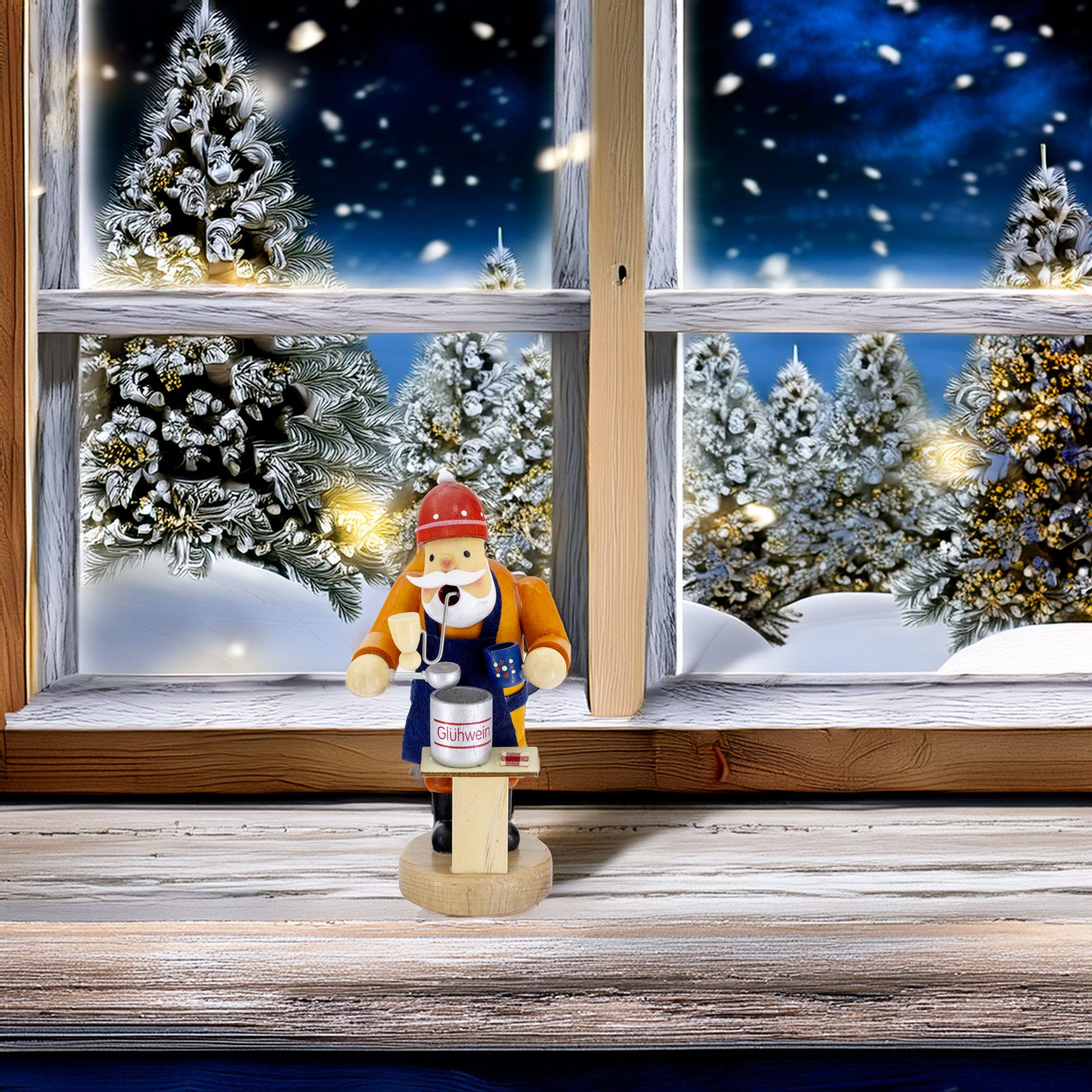 Kaladia Räuchermännchen Glühweinverkäufer - handbemalte Dekoration, winterliche Räucherfigur für Weihnachtsmarktbegeisterte - aus Holz – Bild 5 von 5