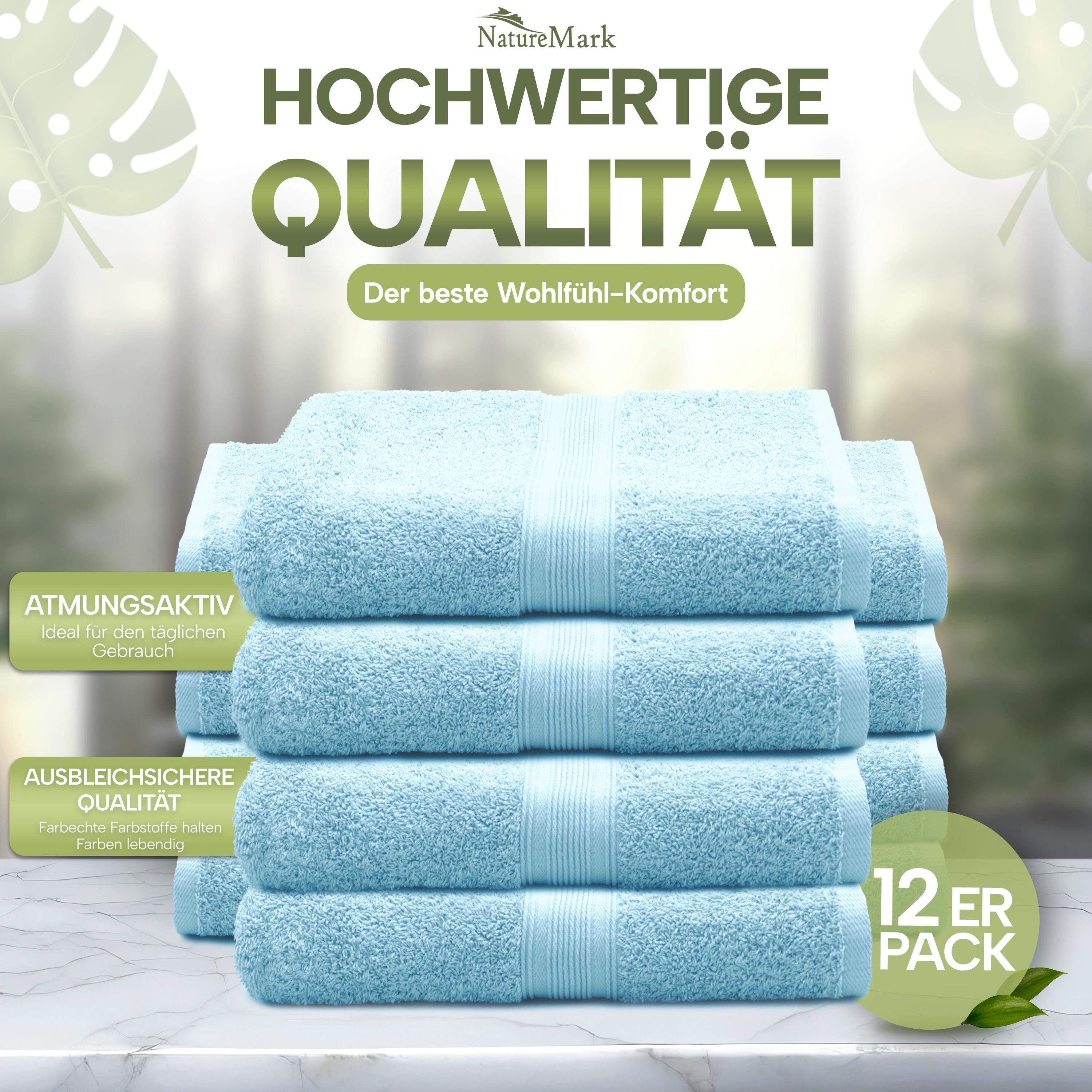 NatureMark Gästehandtuch Gästetuch 500gsm, 100% Baumwolle (12-St), Gästehandtuch Premium Qualität, 30x50cm, Hell blau