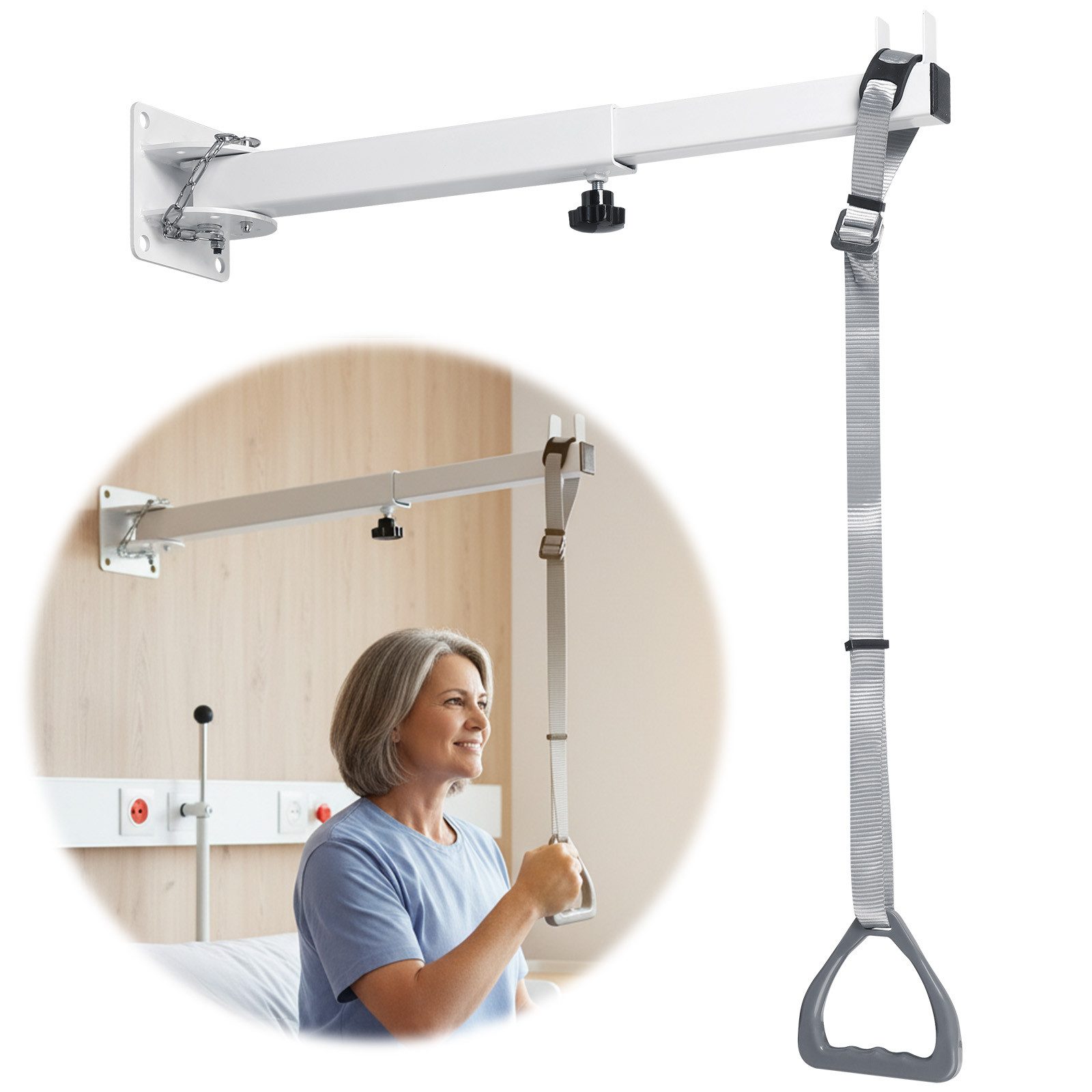 QUBEBU Bett - Aufstehhilfe Bett Bettgalgen Bettaufrichter Wandhängend Aufstehhilfe Einstellbar, belastbar bis 90 kg, für ältere & behinderte Menschen, Krankenhäuser, Pflegeheime