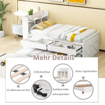 MODFU Stauraumbett Kinderbett mit ausziehbarer Schublade Lattenrost (Nachttisch mit Ablagen mit USB-Buchse 90x190cm), ohne Matratze