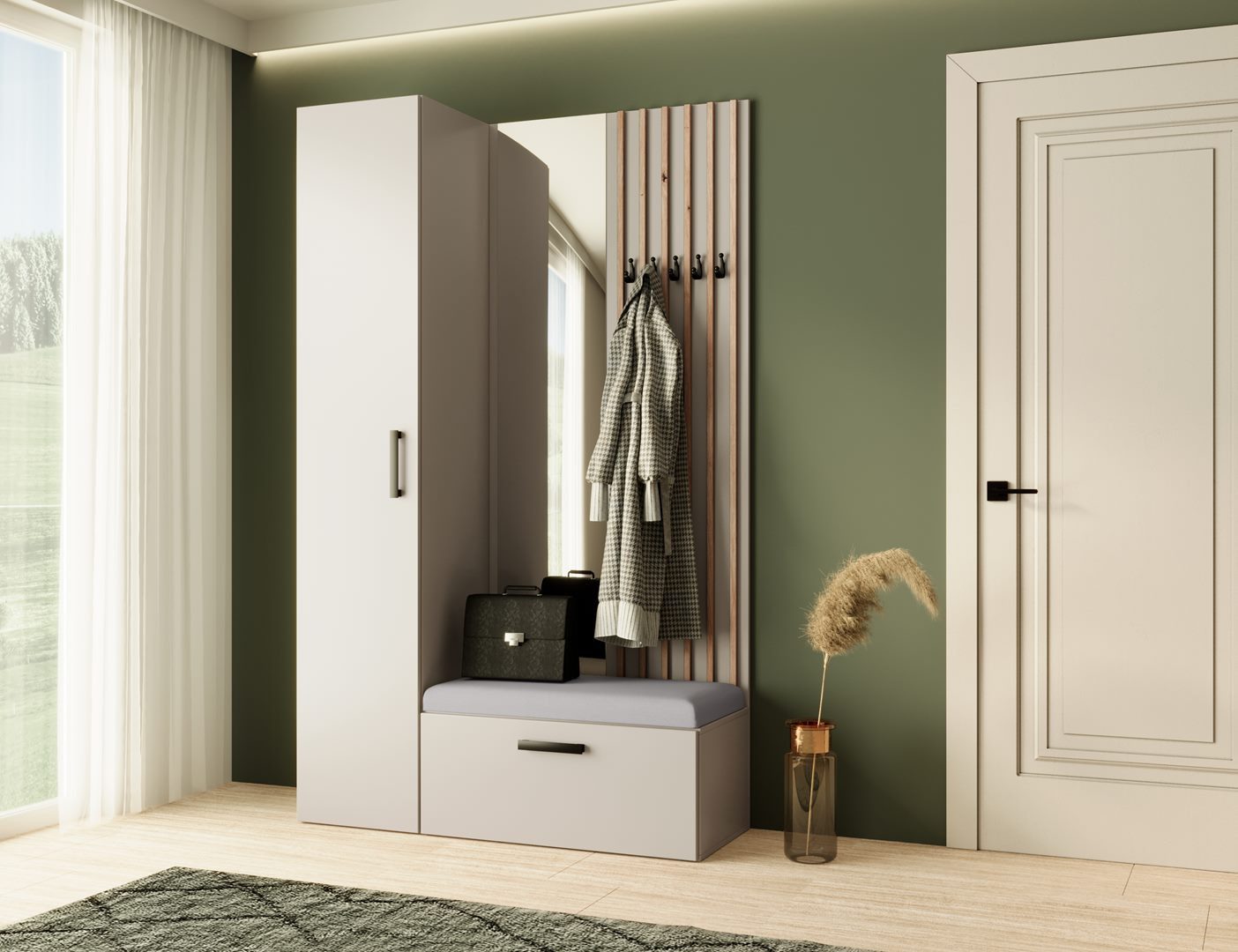 Beautysofa Garderoben-Set MARGARET Flurgarderobe mit Spiegel, (Kleiderschrank, Schuhschrank, Sitzbank, Kleiderstange, Flurmöbel-Set mit Lamellen), verschiedene  – Bild 2 von 5