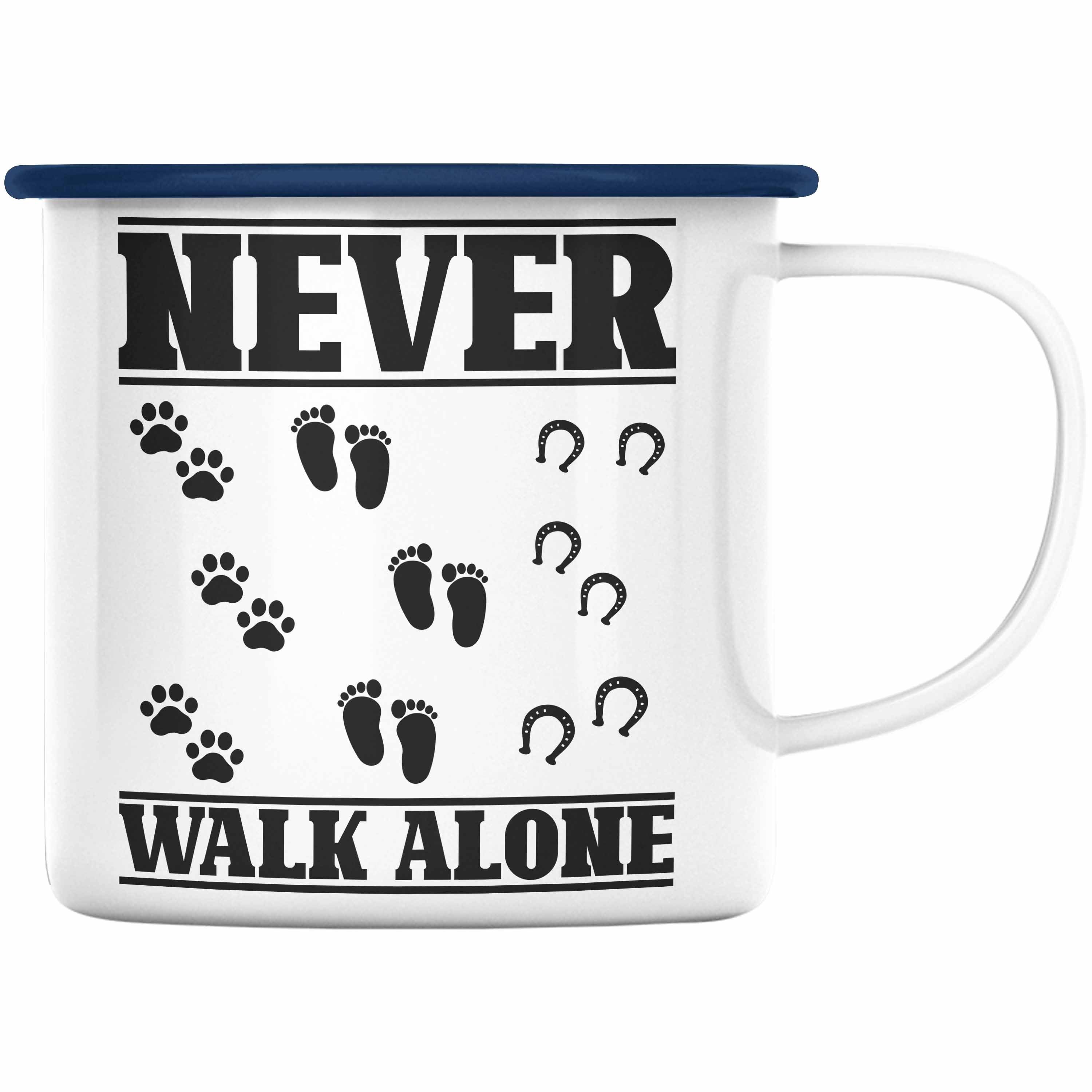 Trendation Thermotasse Trendation - Hund Pferd Reiter Emaille Tasse Geschenk Never Walk Alone Reiterin Geschenk Pferde Mädchen Blau