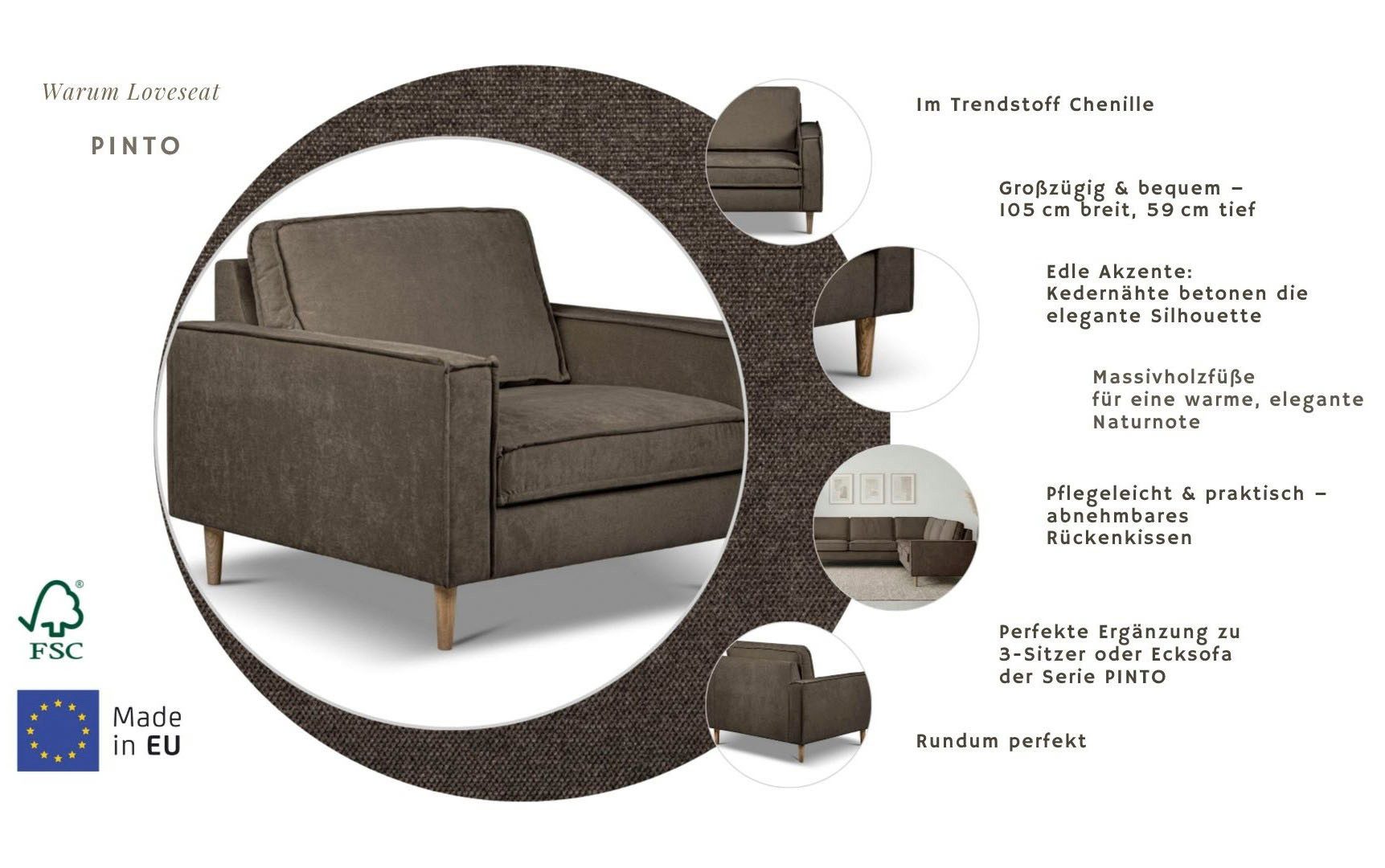 Home affaire Loveseat Pinto Skandi 105 cm, Chenille, Struktur, mit Keder, Massivholzfüße Eiche geräuchert
