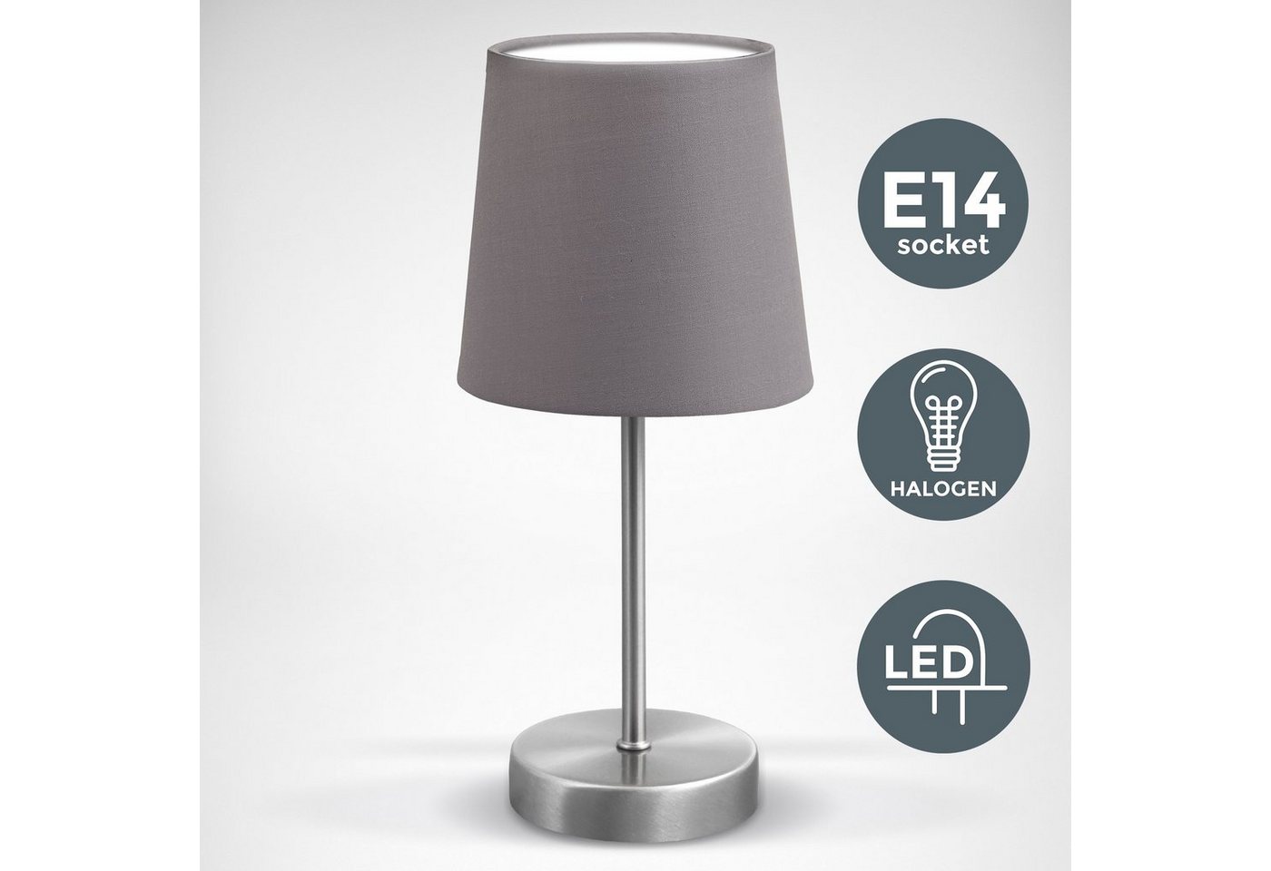 B.K.Licht Tischleuchte, LED Tischlampe Stoff Dekolampe Nachttisch-Leuchte Wohnzimmerlampen E14 grau-HomeTrends