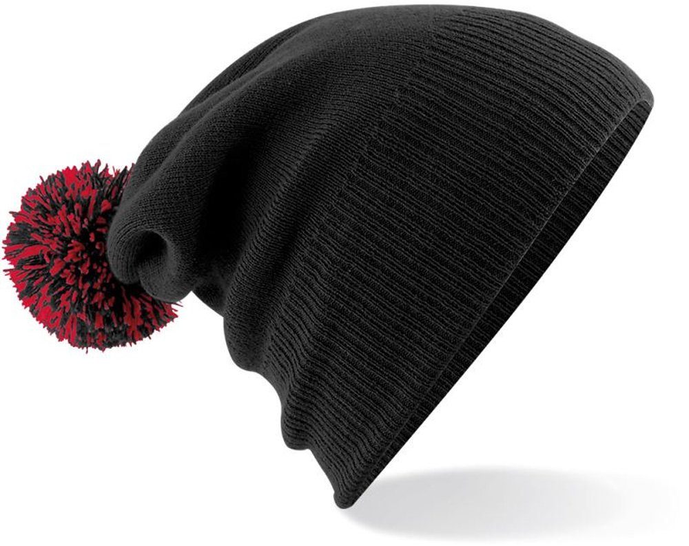 Goodman Design Bommelmütze Strickmütze Beanie Pompon Mütze Pudelmütze Duales Design – mit Umschlag oder als Slouch-Beanie Black/Classic Red