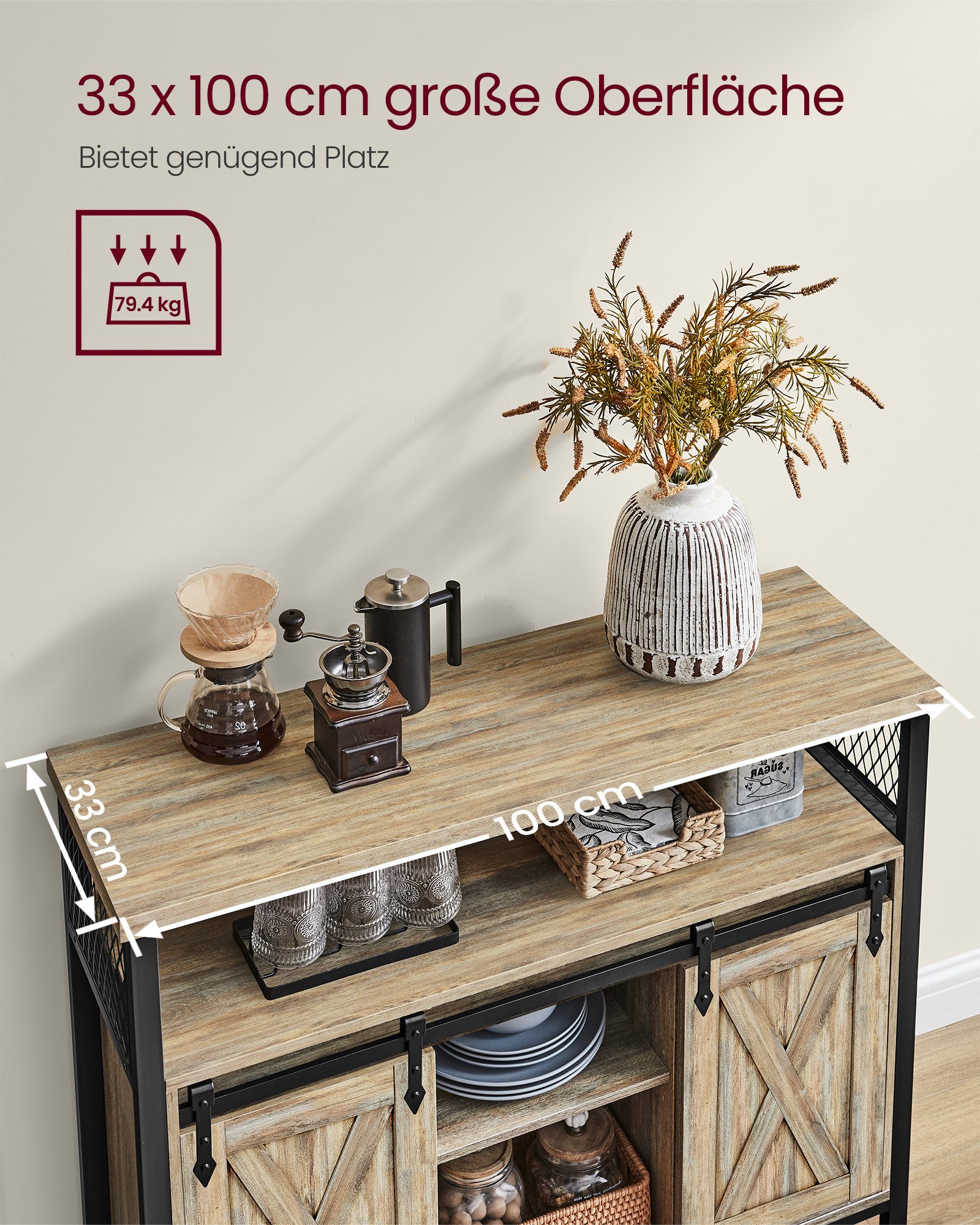 VASAGLE Sideboard Küchenschrank, Aufbewahrungsschrank, mit 2 Schiebetüren, 33 x 100 x 80 cm, verstellbare Ablagen