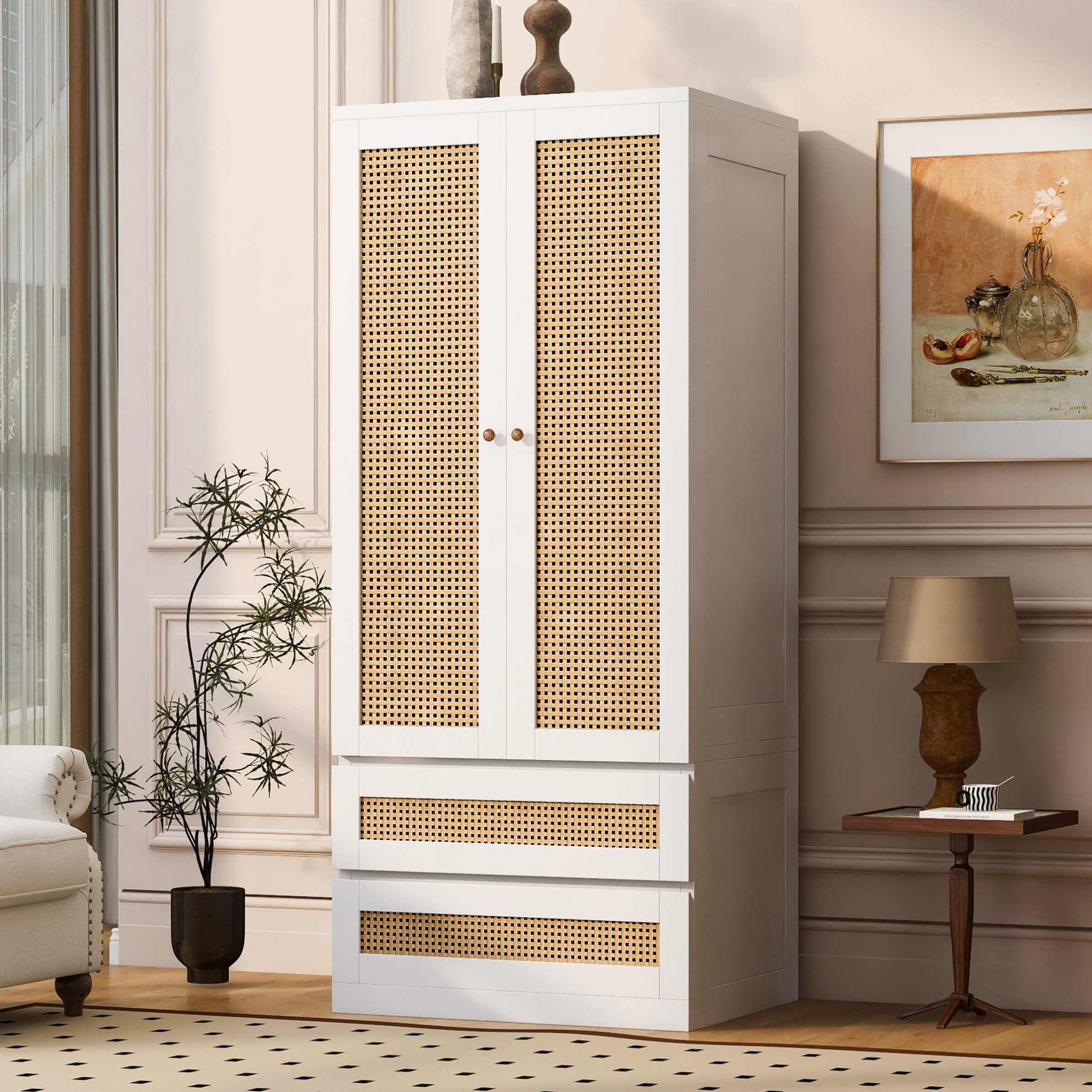 MODFU Kleiderschrank Schrank 70x55x170 cm mit Doppeltüren, Mehrzweckschrank (Rattanstruktur-Türen und vielseitigem Stauraum, moderner Garderobenschrank mit Schubladen) für Kleidung und Accessoires