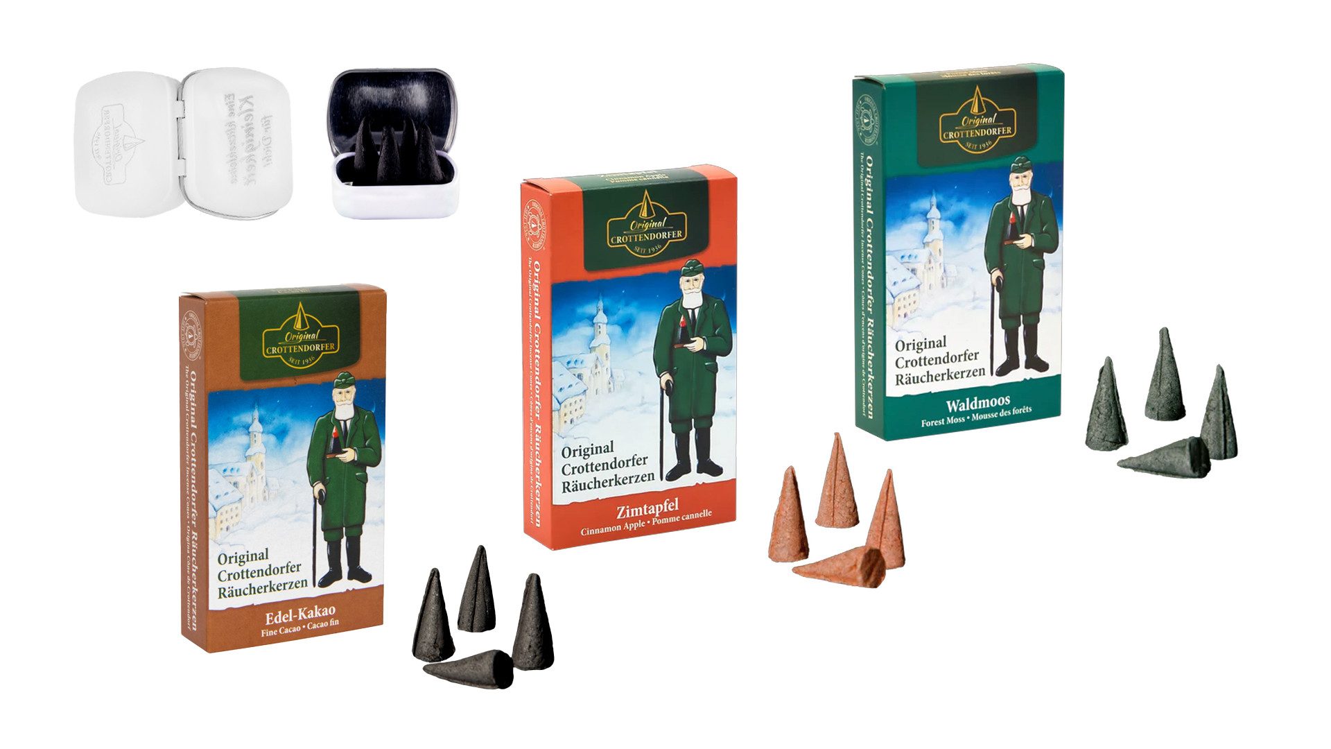 Crottendorfer Duftkerze Edel Kakao, Zimtapfel & Waldmoos - mit klitzekleiner Metalldose, inkl. 4x Haamitkerzle - für winterlichen Flair - Made in Germany