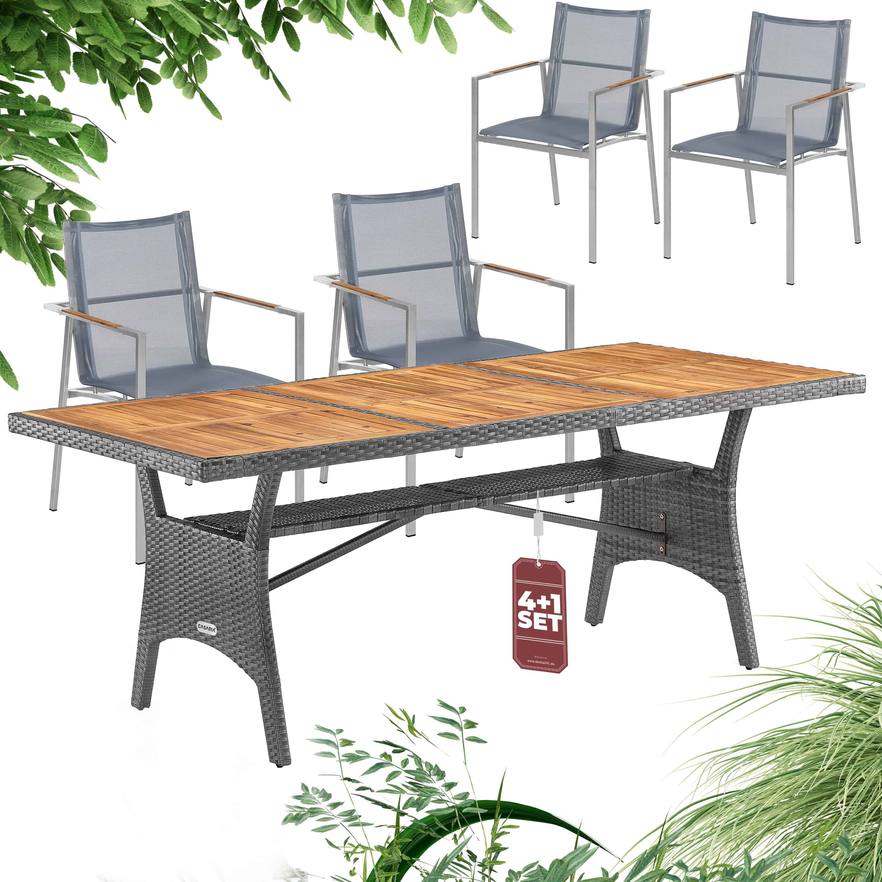 Casaria Garten-Essgruppe, (5-tlg), Holz Stapelbar 190x90cm Polyrattan 4 Personen Teak Akazie Wetterfest