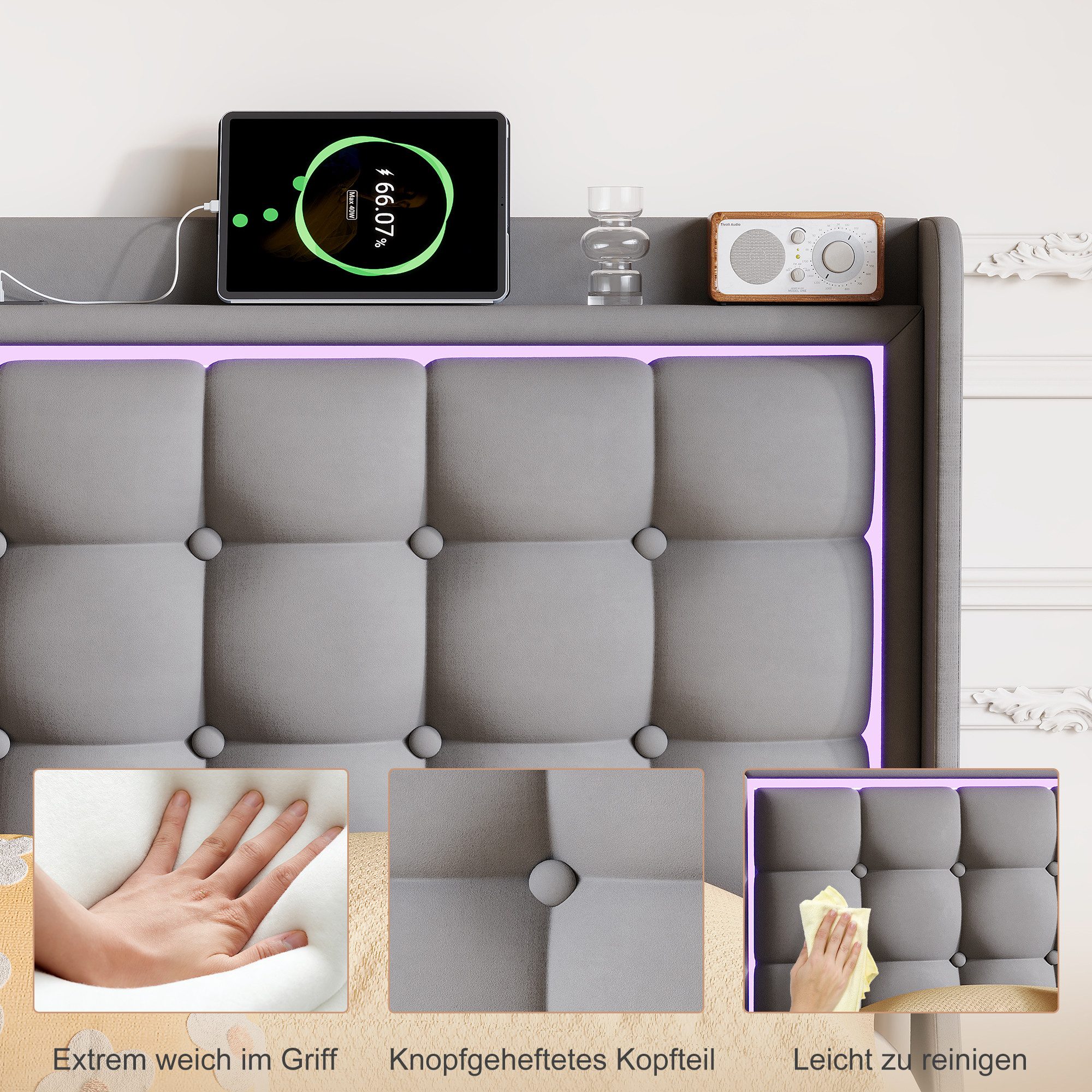 Simurq Polsterbett Schwebebett mit LED-Beleuchtung und USB, Doppelbett 140x200cm (Packung, 1-tlg., Jugendbett mit Kopfteil, Samtstoff), Schwebender visueller Ef – Bild 5 von 5