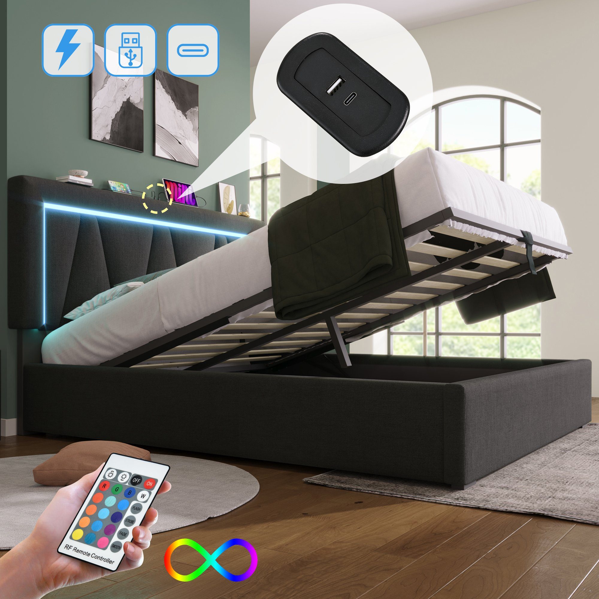 Flieks Polsterbett, LED Doppelbett Stauraumbett + günstig online kaufen