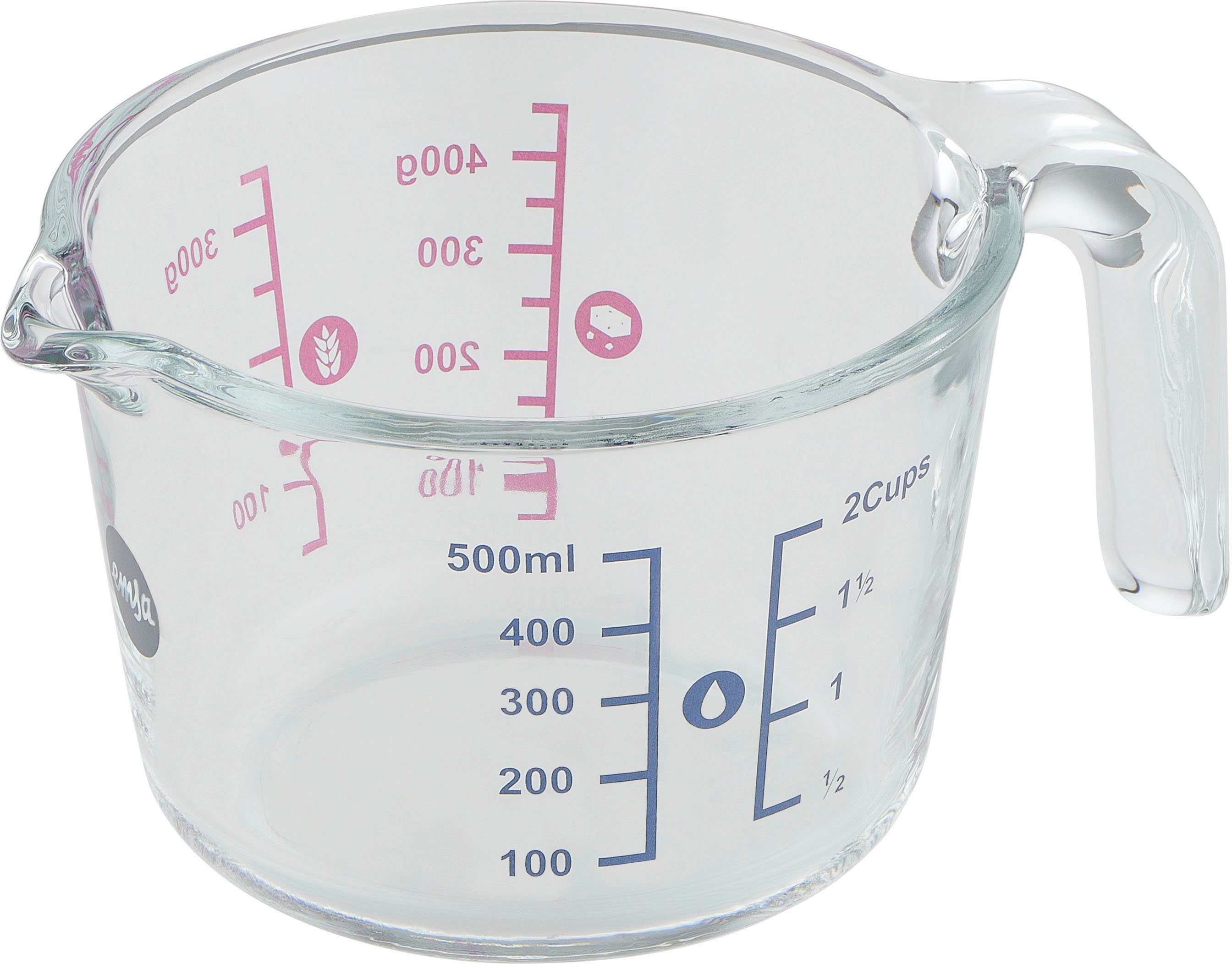 Emsa Messbecher Prep&Bake, Glas, (1-St), doppelte Skalierung f. feste & flüssige Zutaten, Ausgießlippe