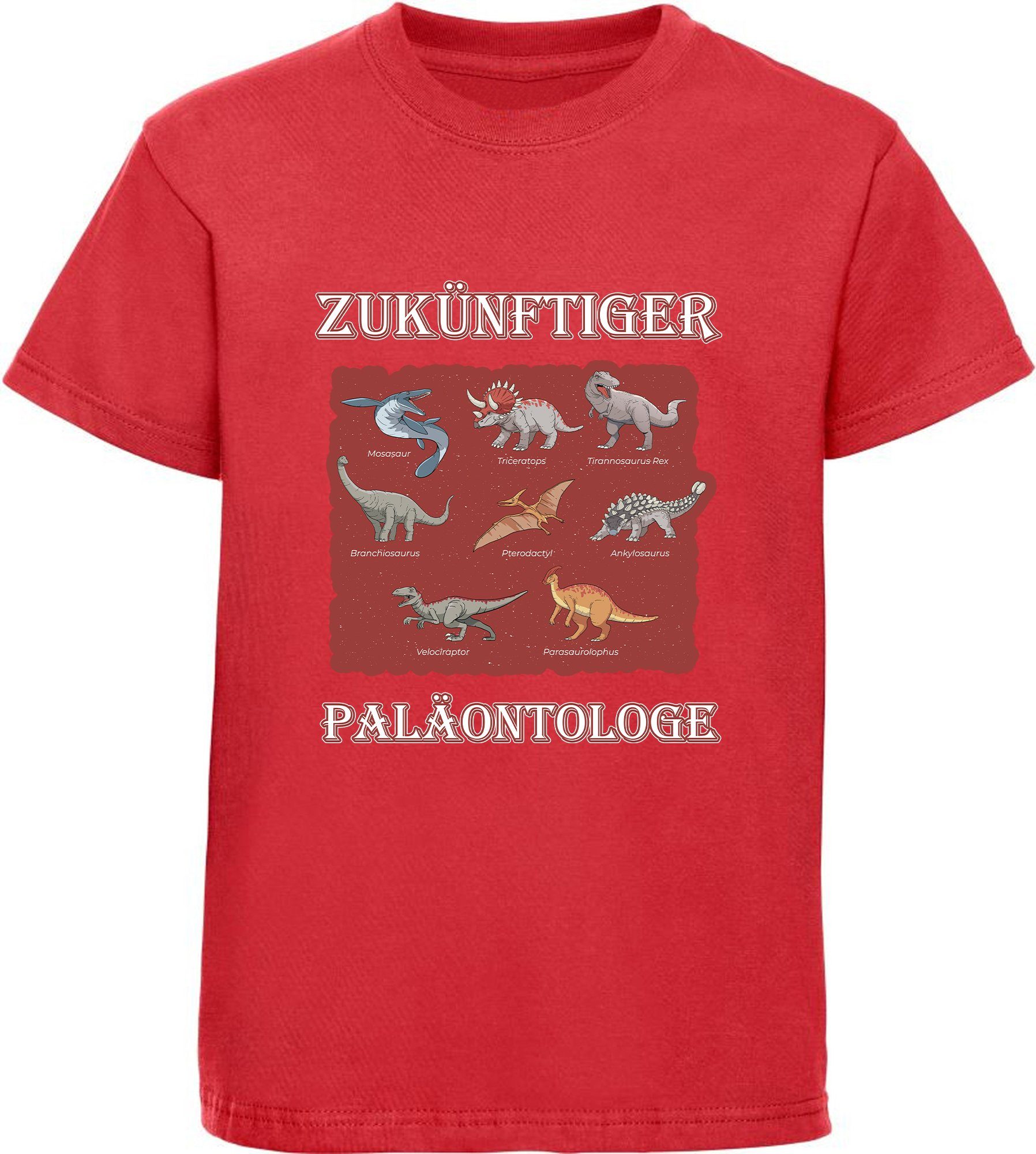 MyDesign24 T-Shirt bedrucktes Kinder T-Shirt Paläontologe mit vielen Dinosauriern 100% Baumwolle mit Dino Aufdruck, rot i50