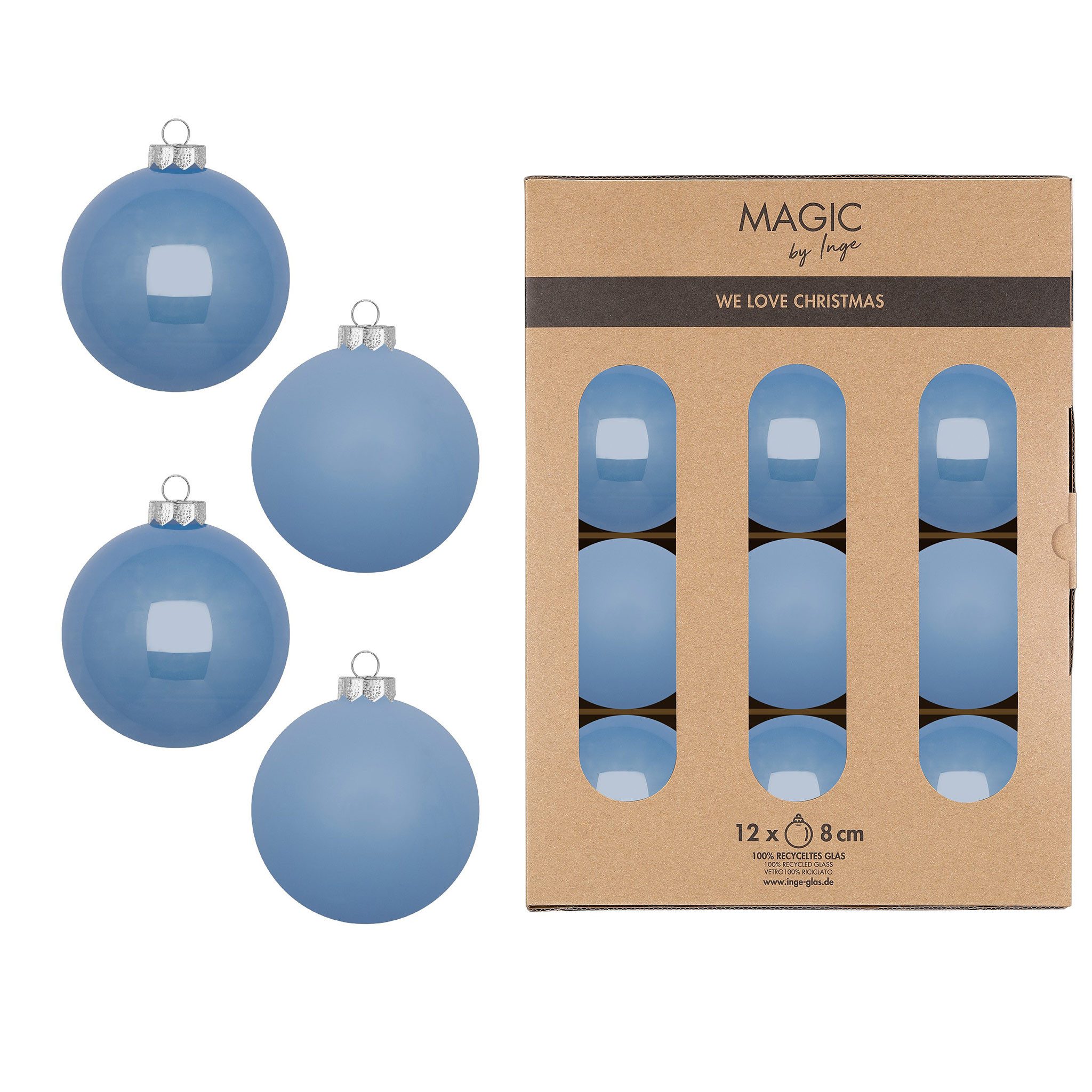 MAGIC by Inge Weihnachtsbaumkugel, Weihnachtskugeln Glas 8cm 12 Stück - Airy Blue
