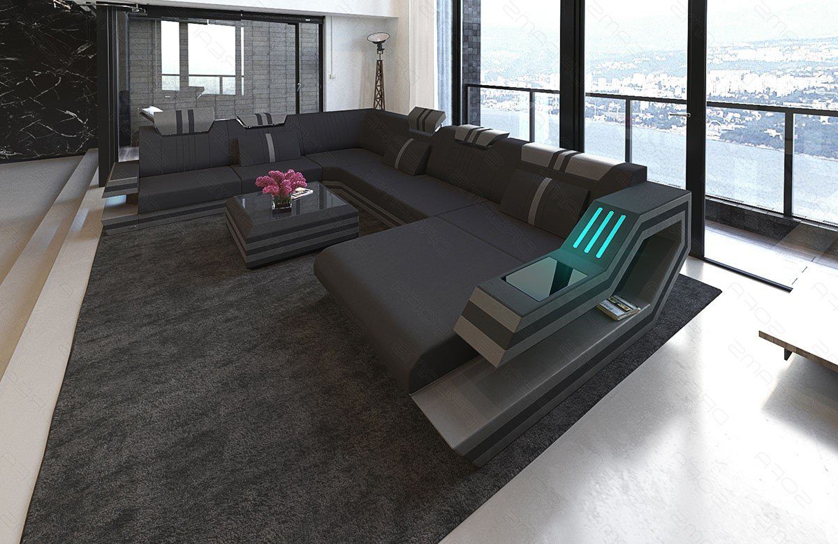 Sofa Couch Mikrofaser Stoff Polster Bettfunktion M schwarz-grau Ravenna Sofa mit Dreams wahlweise Wohnlandschaft XXL Stoffsofa,