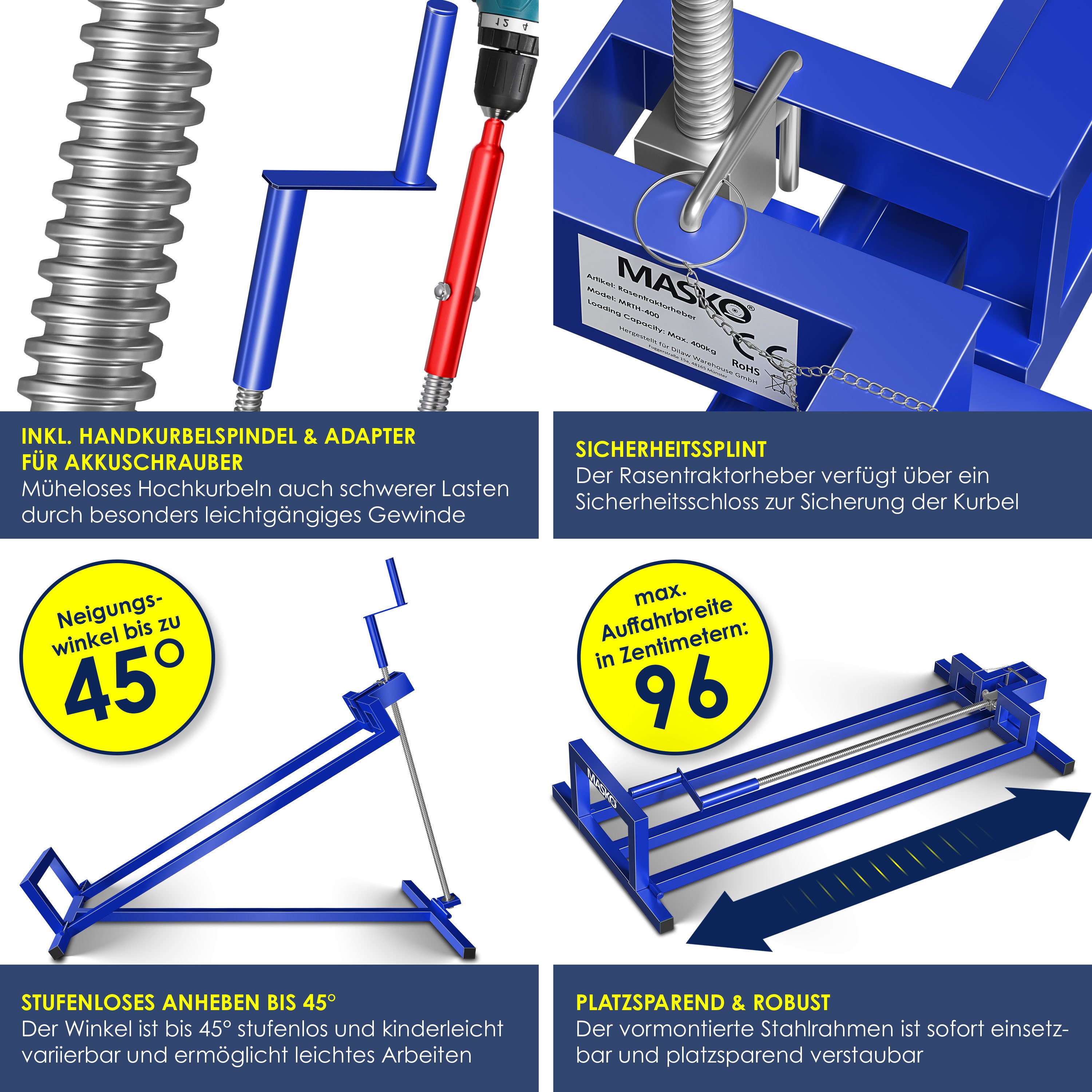MASKO Rasentraktor Heber 450kg Hebevorrichtung für Aufsitzmäher mit Adapter inkl. Bürste, Rasentraktorheber, universelle Reinigungshilfe, Hebebühne für Quad